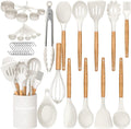 Kitchen Cooking Utensils Set, 33 pcs Non-stick Silicone Cooking Kitchen Utensils Spatula Set with Holder, Wooden Handle Silicone Kitchen Gadgets Utensil Set (Cream White)