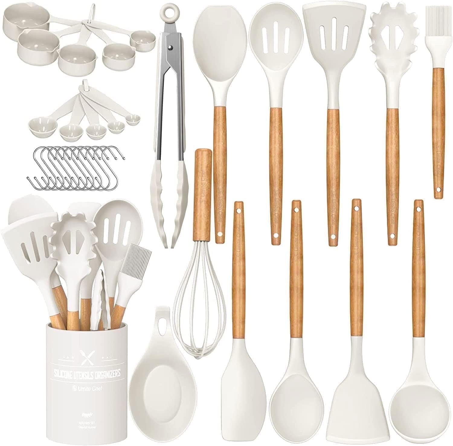 Kitchen Cooking Utensils Set, 33 pcs Non-stick Silicone Cooking Kitchen Utensils Spatula Set with Holder, Wooden Handle Silicone Kitchen Gadgets Utensil Set (Cream White)