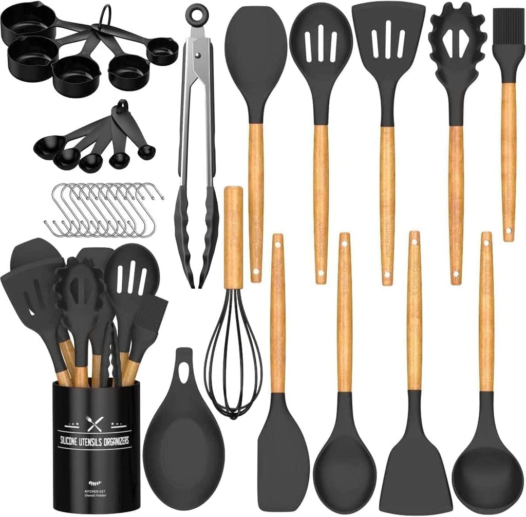 Kitchen Cooking Utensils Set, 33 pcs Non-stick Silicone Cooking Kitchen Utensils Spatula Set with Holder, Wooden Handle Silicone Kitchen Gadgets Utensil Set (Cream White)