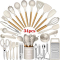 Kitchen Utensil Set, 34Pieces Silicone Cooking Utensil Set with Wooden Handle, Spatula Set Gadgets Tools Cookware, Khaki