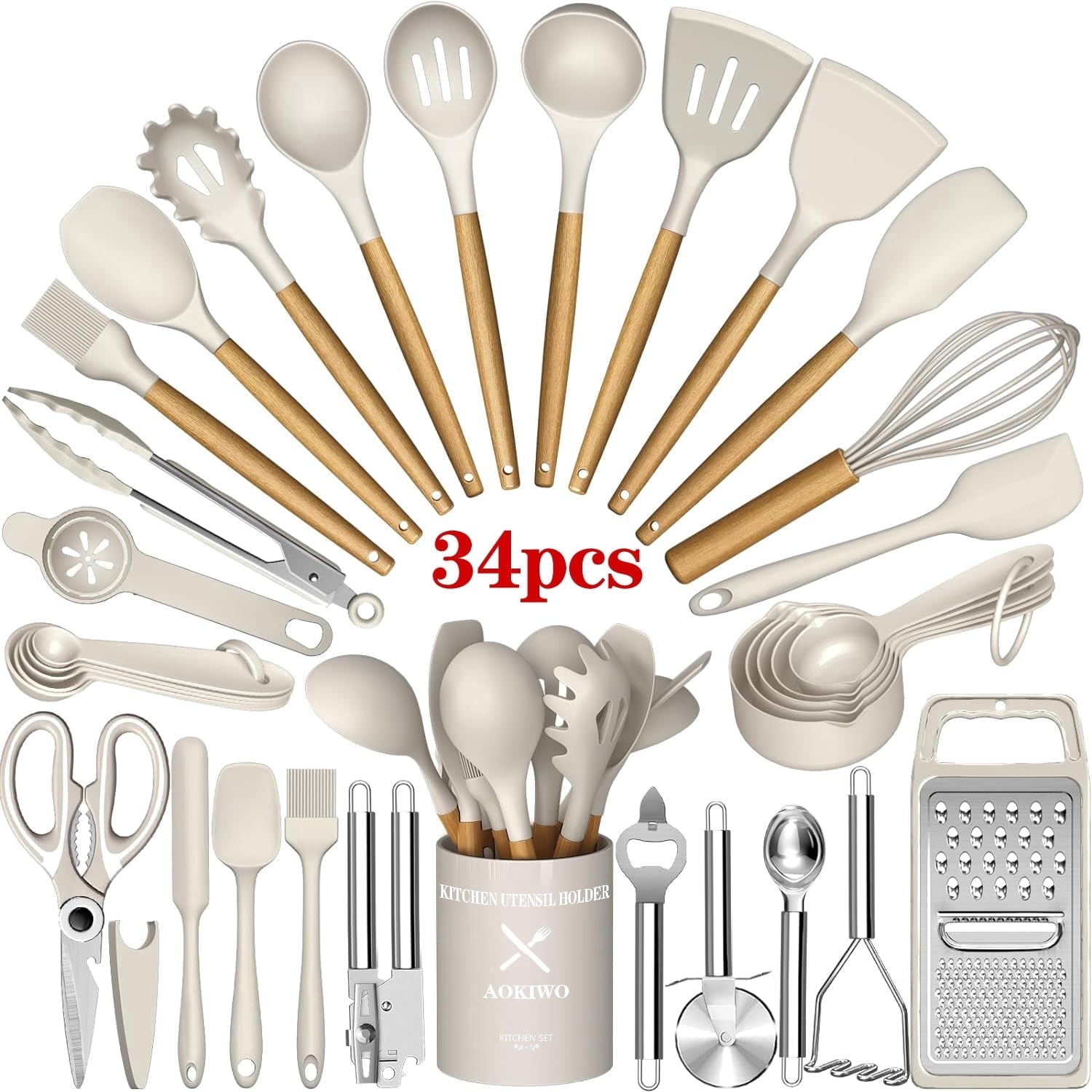 Kitchen Utensil Set, 34Pieces Silicone Cooking Utensil Set with Wooden Handle, Spatula Set Gadgets Tools Cookware, Khaki