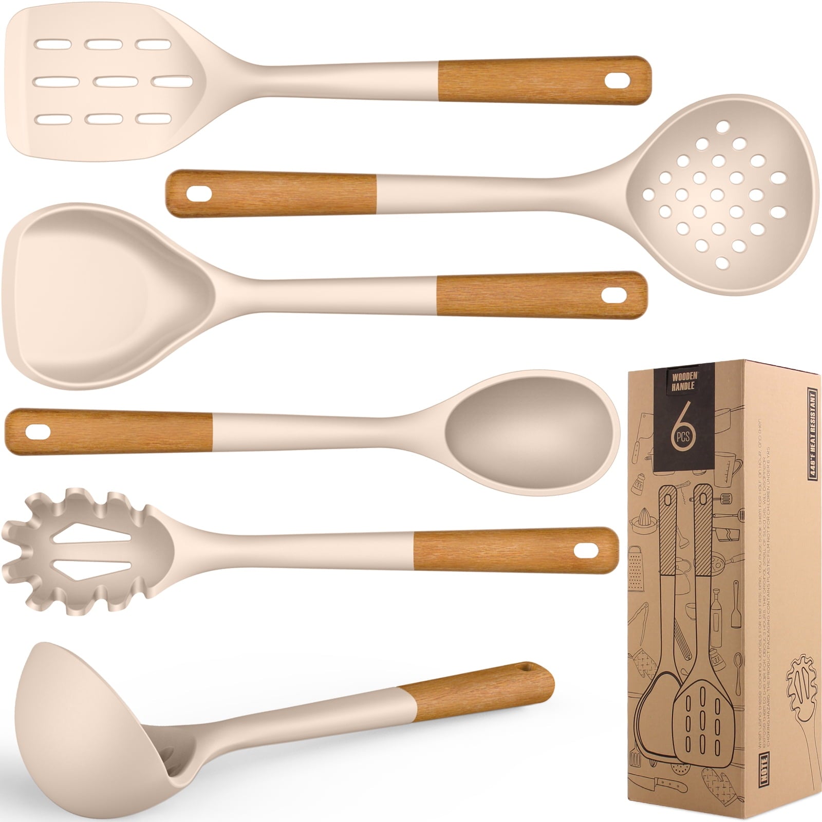 Large Silicone Cooking Utensils - Kitchen Utensil Set with Wooden Handles, Spatula,Turner, Slotted Spoon, Pasta server, Kitchen Gadgets Tools Sets for Non-Stick Cookware (Khaki)