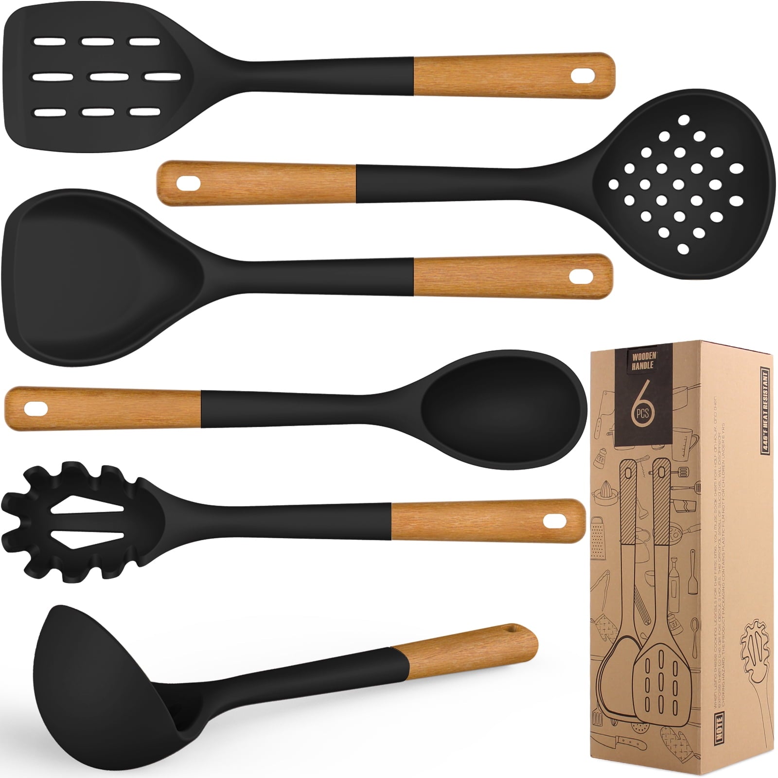 Large Silicone Cooking Utensils - Kitchen Utensil Set with Wooden Handles, Spatula,Turner, Slotted Spoon, Pasta server, Kitchen Gadgets Tools Sets for Non-Stick Cookware (Khaki)