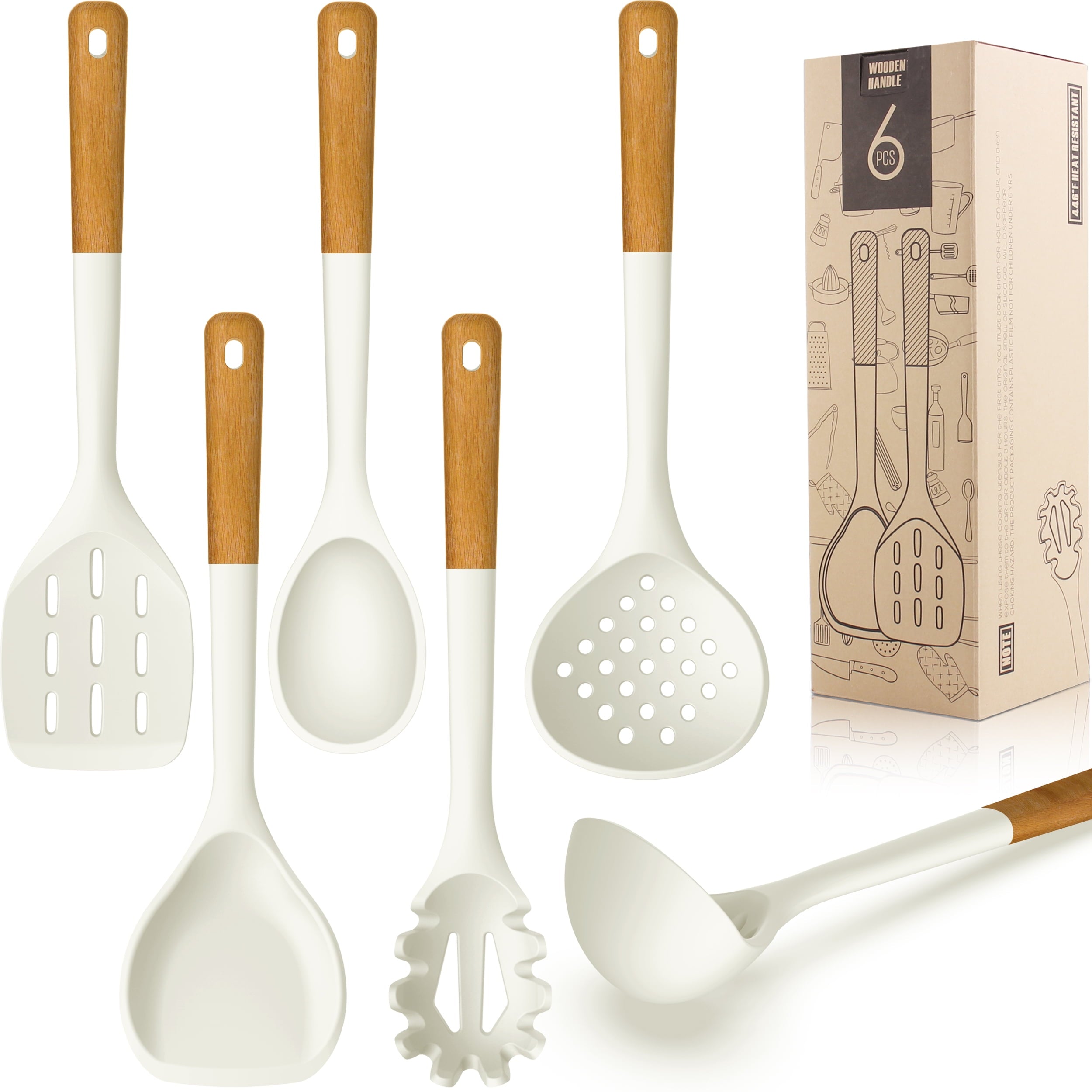 Large Silicone Cooking Utensils - Kitchen Utensil Set with Wooden Handles, Spatula,Turner, Slotted Spoon, Pasta server, Kitchen Gadgets Tools Sets for Non-Stick Cookware (Khaki)
