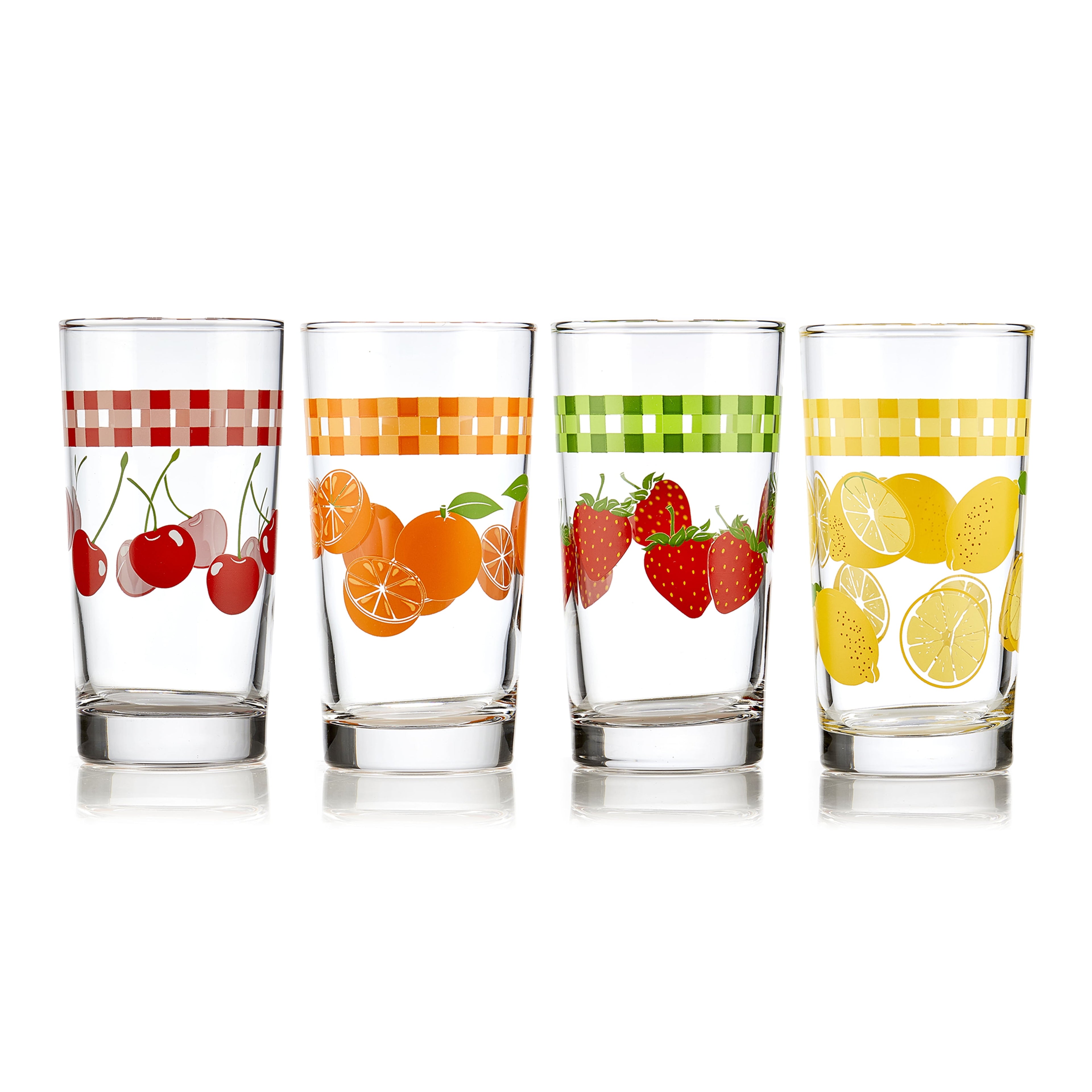 Vintage Juice Drinking Glasses Set of 4, Colorful, Retro Fruit Design Glass Cups Set, Water Glasses Set for Everyday Beverages