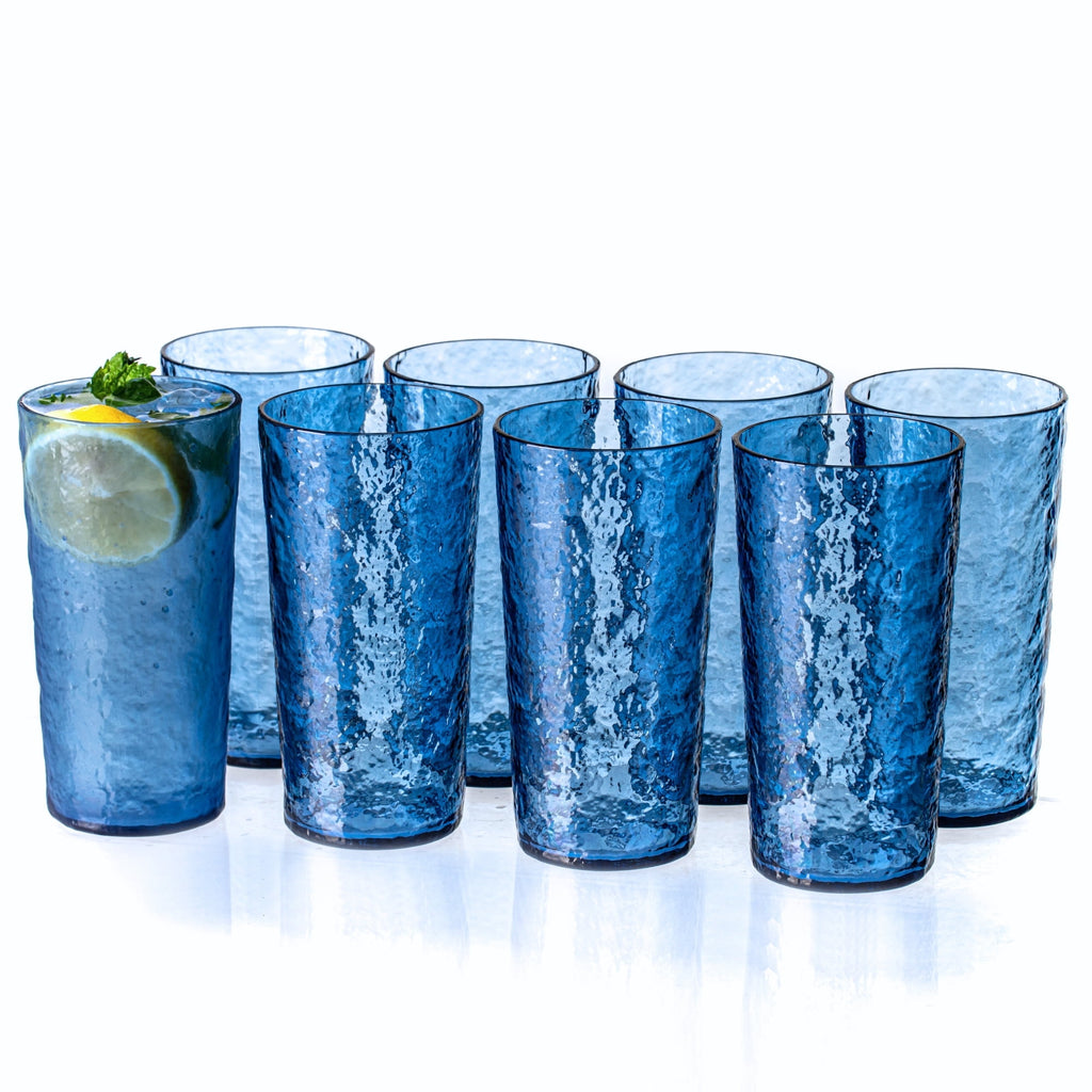18oz Blue Acrylic Glasses Drinkware (Set of 8), Ice-Carved Shatter-Proof Plastic Tumblers
