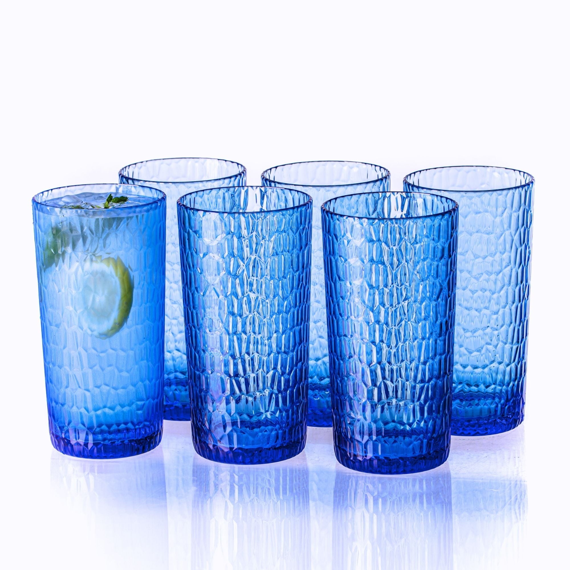 22oz Blue Acrylic Glasses Drinkware (Set of 6), Honeycomb Shatter-Proof Plastic Tumblers