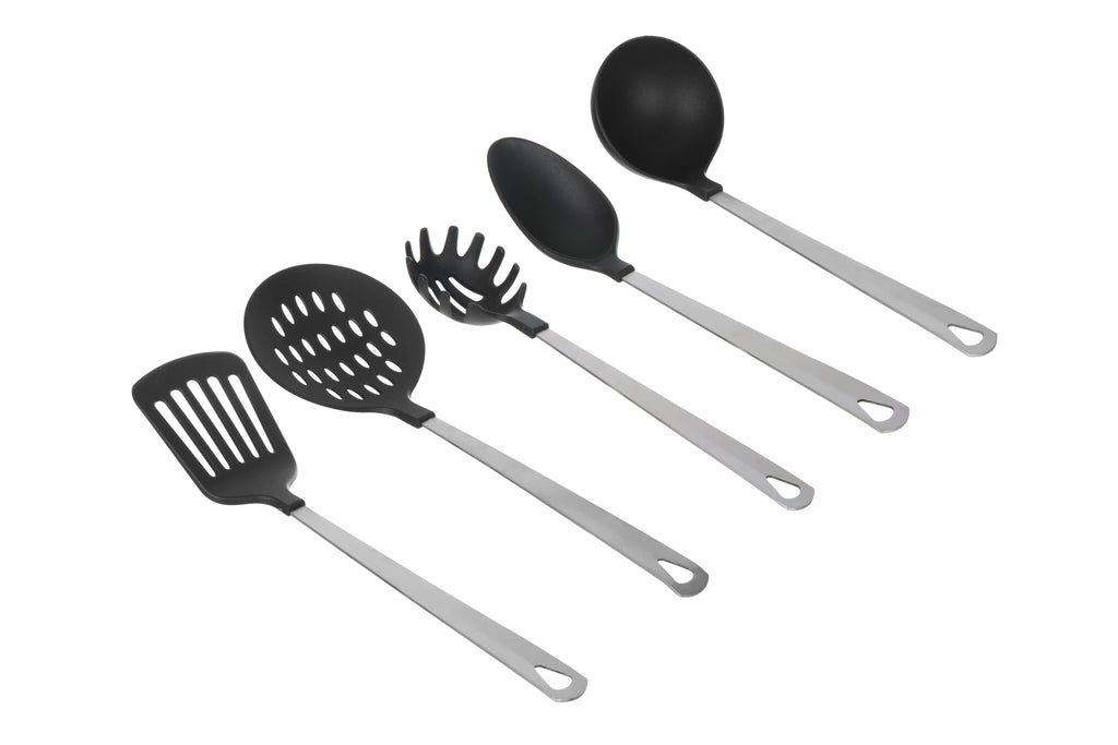 Stainless Steel and Nylon Kitchen and Cooking Utensil Set, Spoon, Spatula, Ladle, Pasta Spoon and Skimmer Assorted Colors