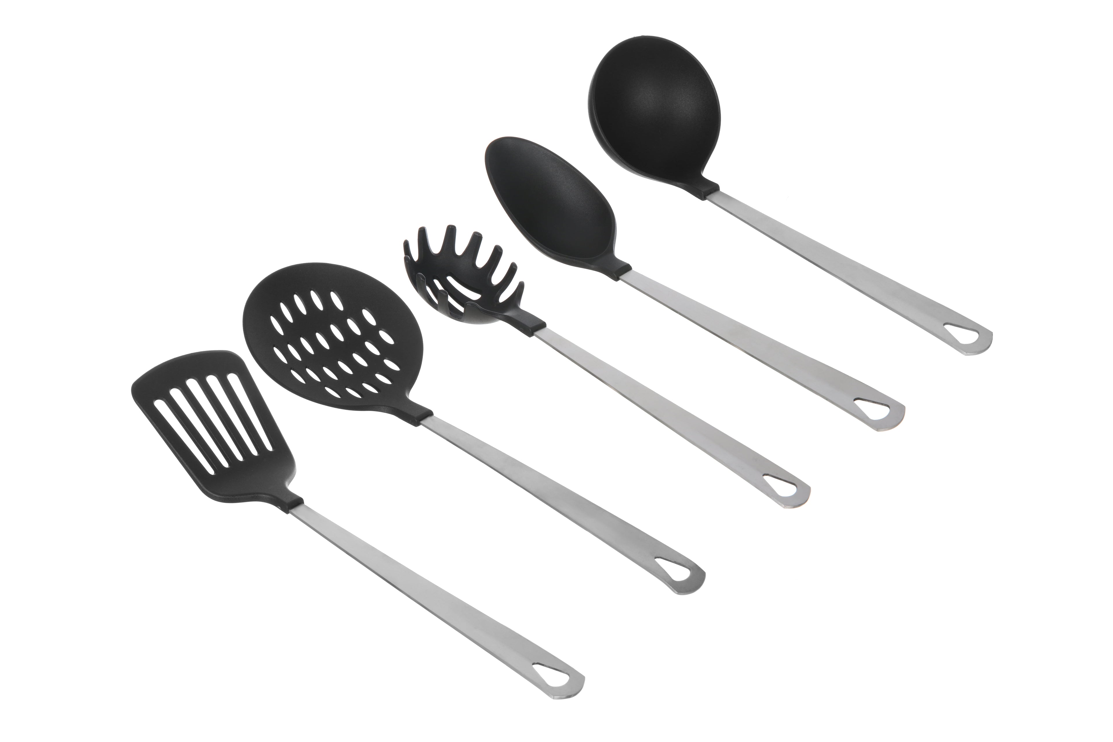 Stainless Steel and Nylon Kitchen and Cooking Utensil Set, Spoon, Spatula, Ladle, Pasta Spoon and Skimmer Assorted Colors