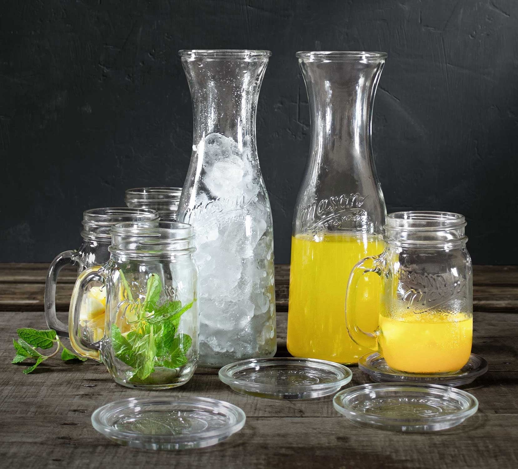 Mason Craft &amp; More 10 Piece Glass Drinkware Set, Carafes, Drinking Jars, and Coasters