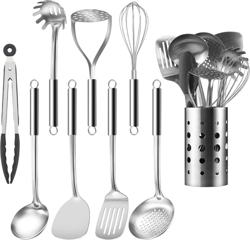 Cooking Utensils Set, 9 Pcs Stainless Steel Kitchen Utensils Set, Kitchen Tools Set, Spatula Sets w Utensil Holder, Wok Spatula,Ladle,Egg Whisk,Non-Stick And ,