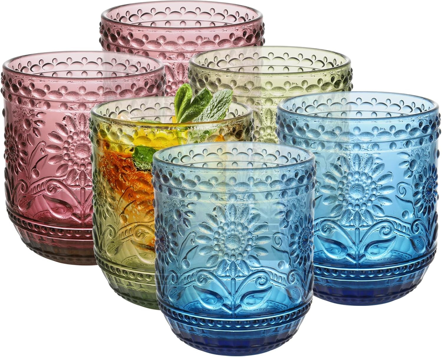Vintage Drinking Glass Set of 4,12 oz Embossed Floral Drinkware Set,Green Drinking Glasses Cups Wine Glasses Colored Glassware for Whisky,Beer,Juice,Cocktail,Heavy Duty