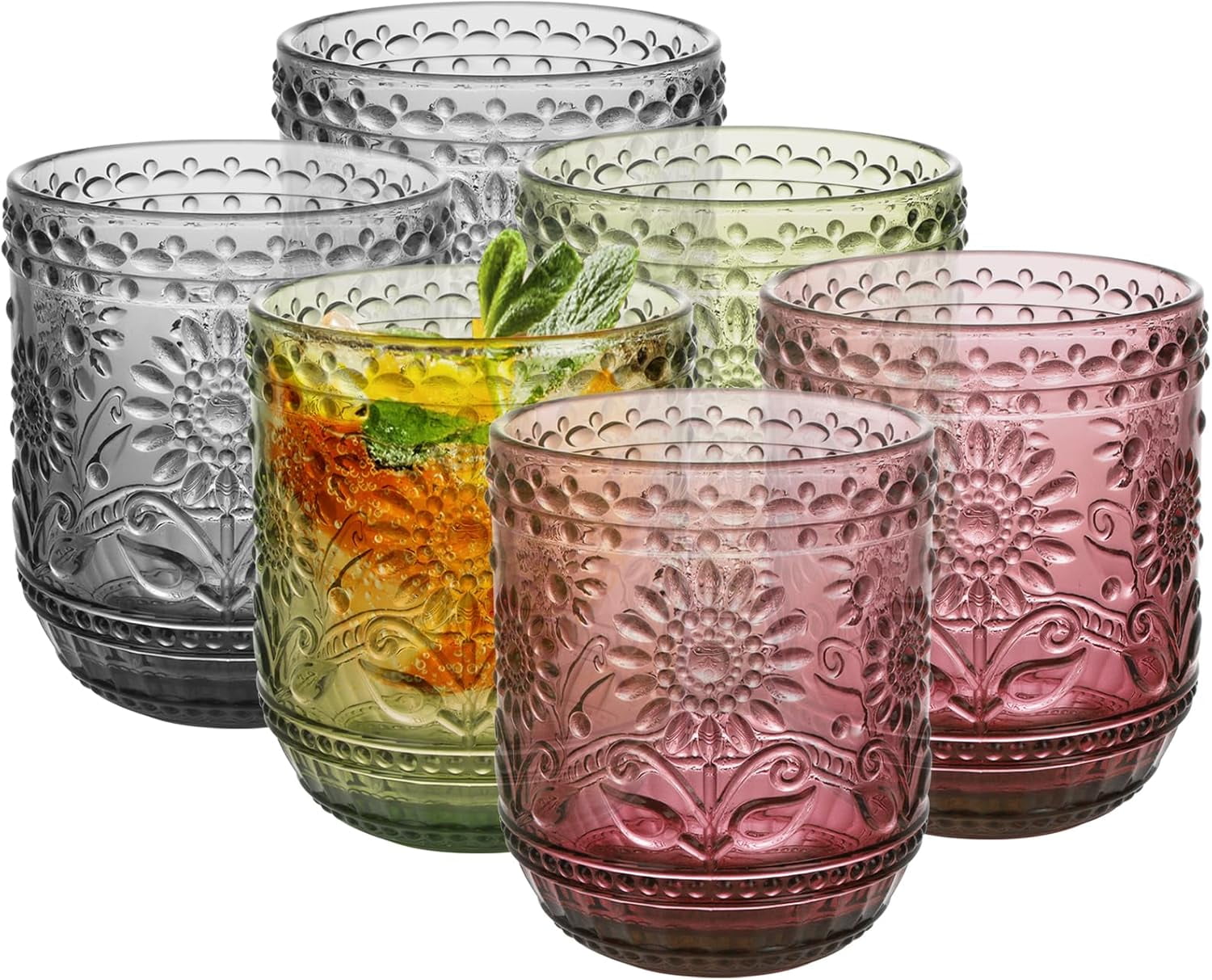 Vintage Drinking Glass Set of 4,12 oz Embossed Floral Drinkware Set,Green Drinking Glasses Cups Wine Glasses Colored Glassware for Whisky,Beer,Juice,Cocktail,Heavy Duty