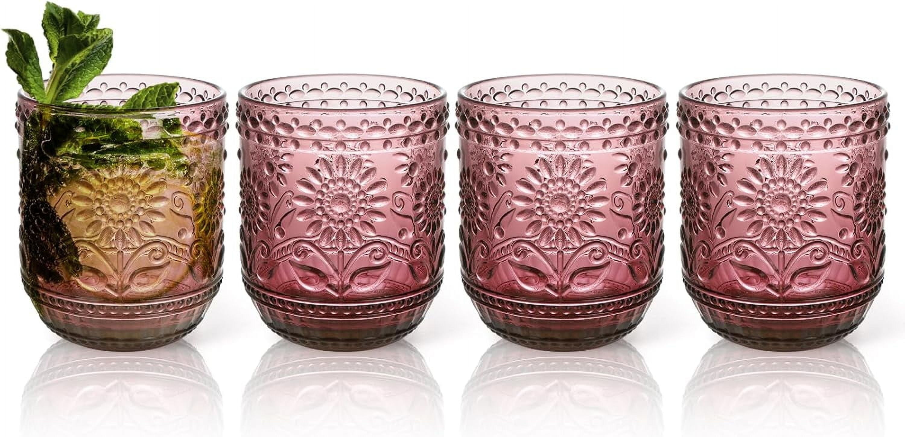 Vintage Drinking Glass Set of 4,12 oz Embossed Floral Drinkware Set,Green Drinking Glasses Cups Wine Glasses Colored Glassware for Whisky,Beer,Juice,Cocktail,Heavy Duty