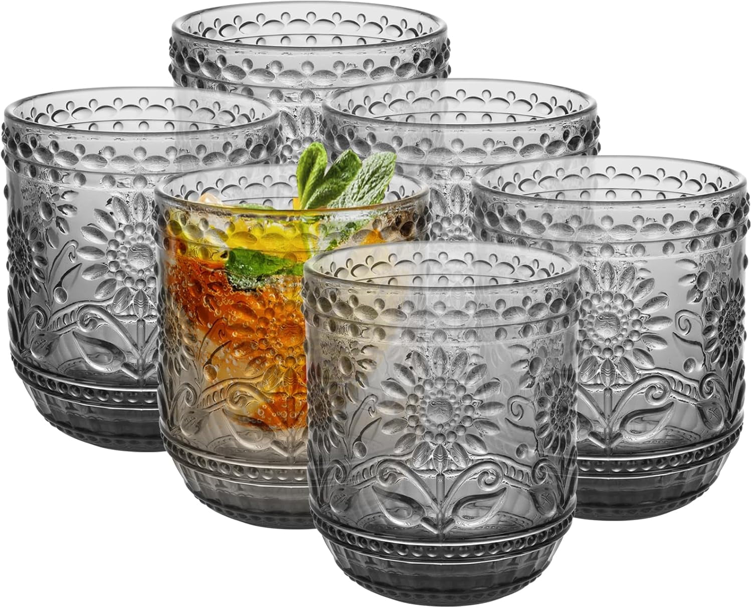 Vintage Drinking Glass Set of 4,12 oz Embossed Floral Drinkware Set,Green Drinking Glasses Cups Wine Glasses Colored Glassware for Whisky,Beer,Juice,Cocktail,Heavy Duty