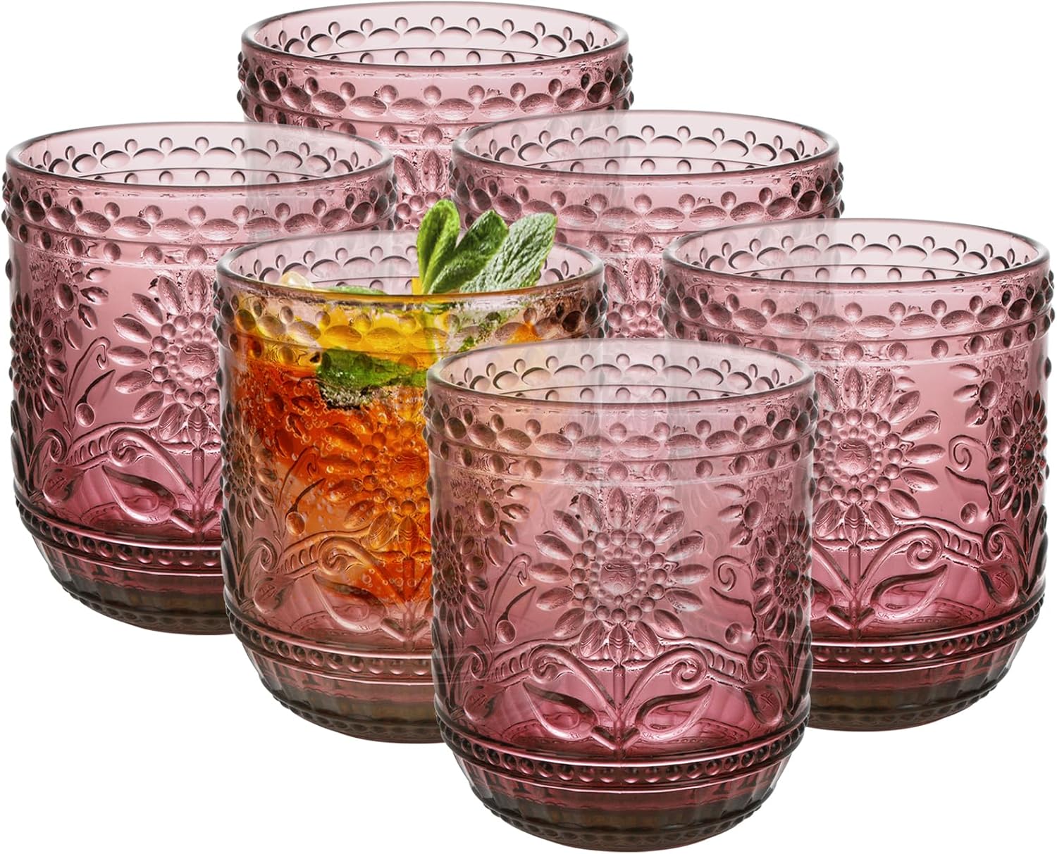 Vintage Drinking Glass Set of 4,12 oz Embossed Floral Drinkware Set,Green Drinking Glasses Cups Wine Glasses Colored Glassware for Whisky,Beer,Juice,Cocktail,Heavy Duty