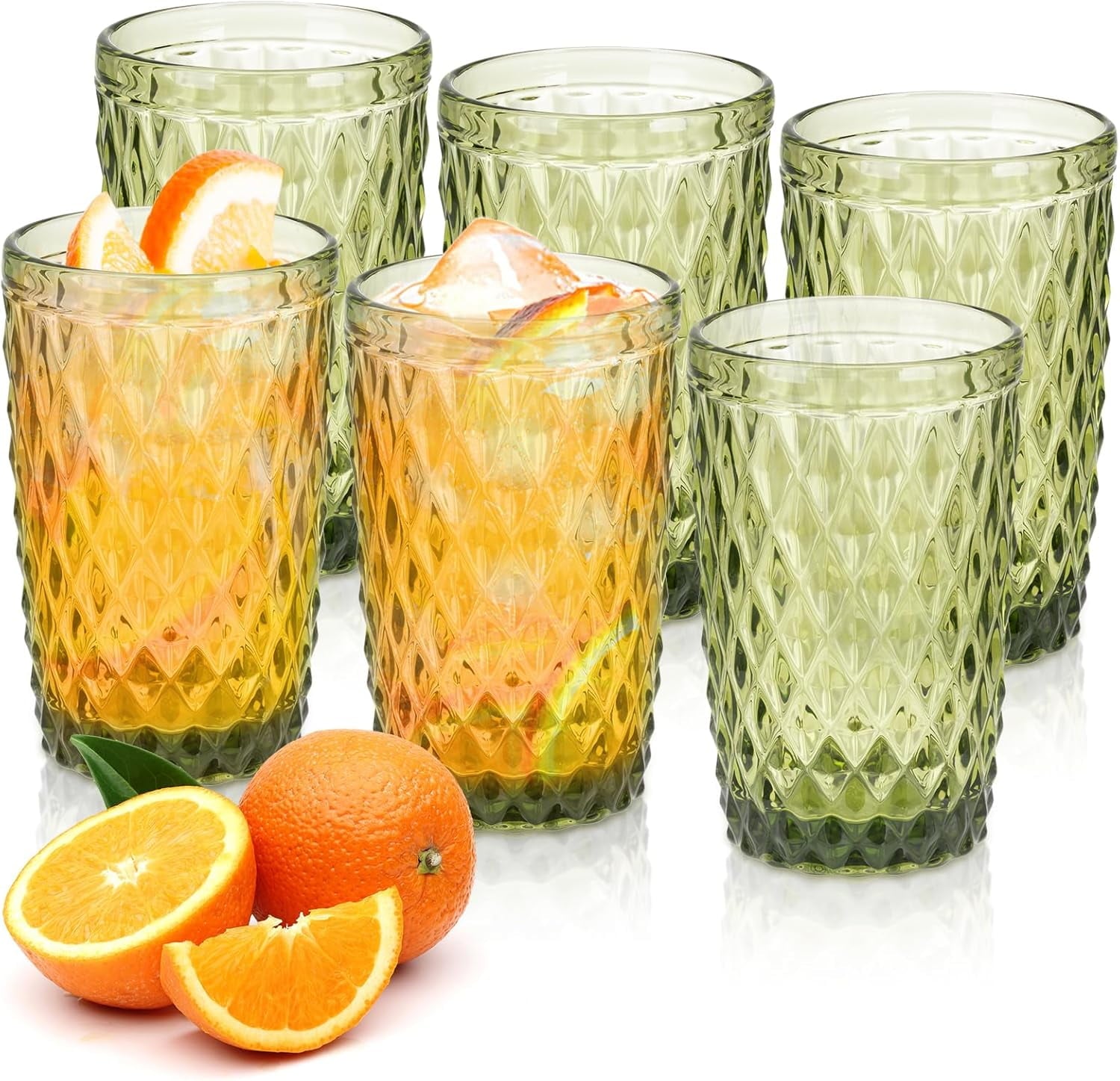 Vintage Drinking Glass Set of 4,12 oz Embossed Floral Drinkware Set,Green Drinking Glasses Cups Wine Glasses Colored Glassware for Whisky,Beer,Juice,Cocktail,Heavy Duty