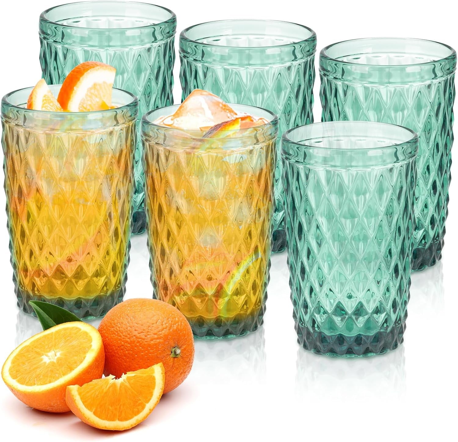 Vintage Drinking Glass Set of 4,12 oz Embossed Floral Drinkware Set,Green Drinking Glasses Cups Wine Glasses Colored Glassware for Whisky,Beer,Juice,Cocktail,Heavy Duty