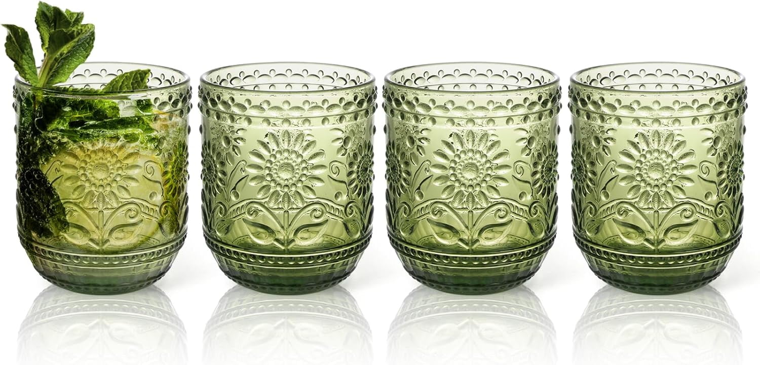 Vintage Drinking Glass Set of 4,12 oz Embossed Floral Drinkware Set,Green Drinking Glasses Cups Wine Glasses Colored Glassware for Whisky,Beer,Juice,Cocktail,Heavy Duty
