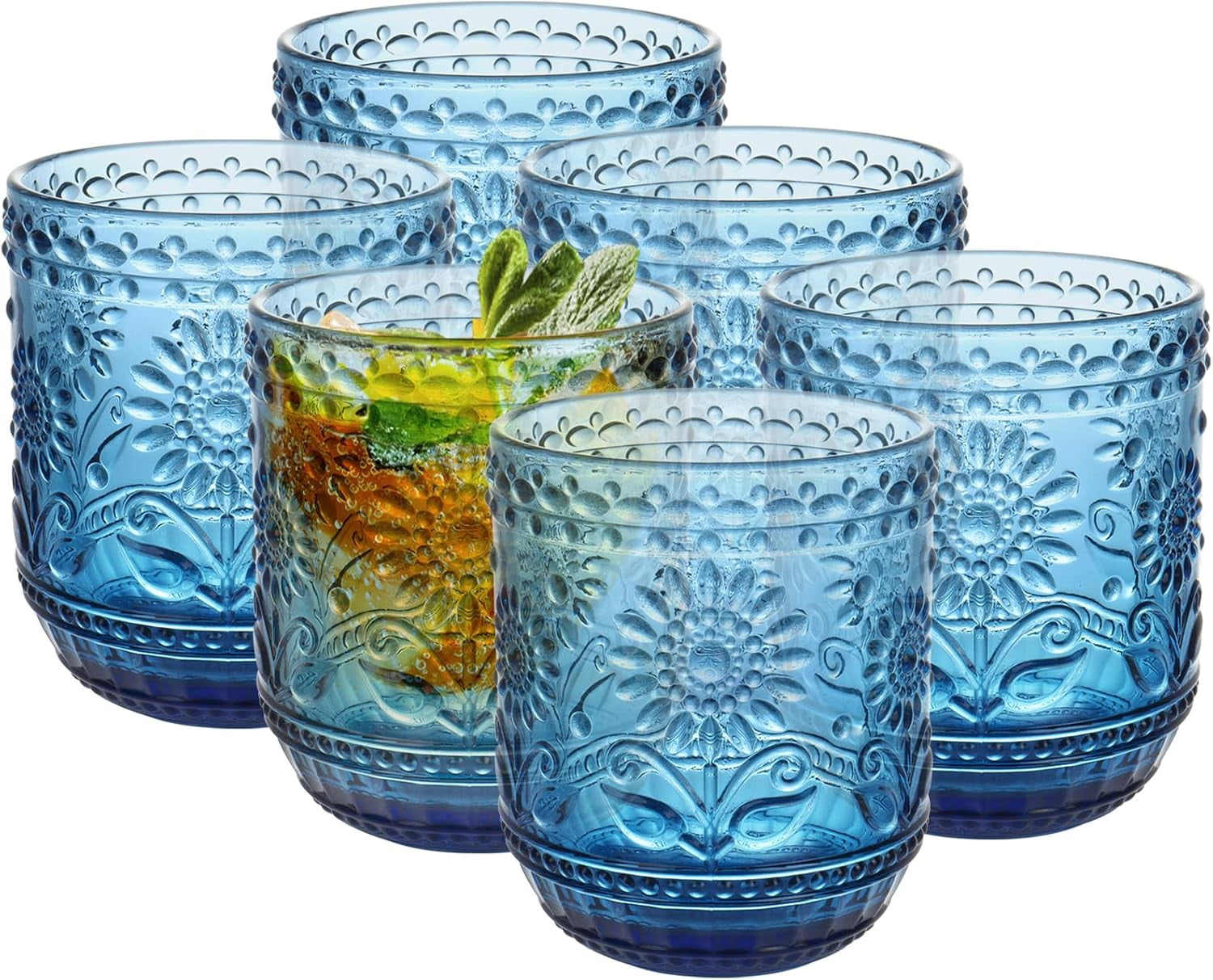 Vintage Drinking Glass Set of 4,12 oz Embossed Floral Drinkware Set,Green Drinking Glasses Cups Wine Glasses Colored Glassware for Whisky,Beer,Juice,Cocktail,Heavy Duty