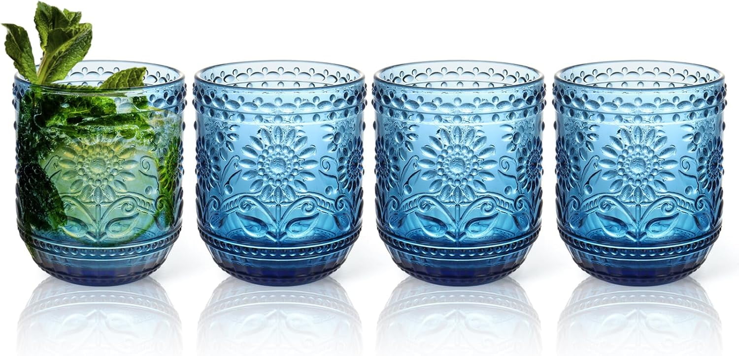 Vintage Drinking Glass Set of 4,12 oz Embossed Floral Drinkware Set,Green Drinking Glasses Cups Wine Glasses Colored Glassware for Whisky,Beer,Juice,Cocktail,Heavy Duty