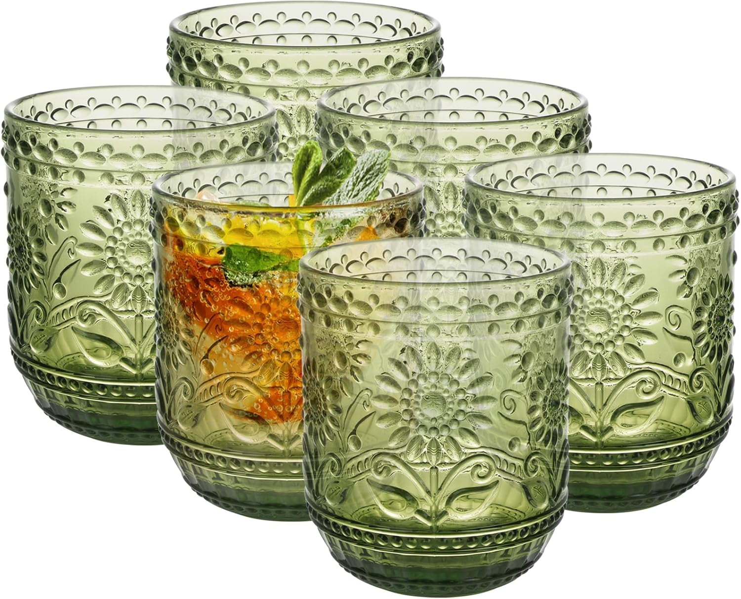 Vintage Drinking Glass Set of 4,12 oz Embossed Floral Drinkware Set,Green Drinking Glasses Cups Wine Glasses Colored Glassware for Whisky,Beer,Juice,Cocktail,Heavy Duty