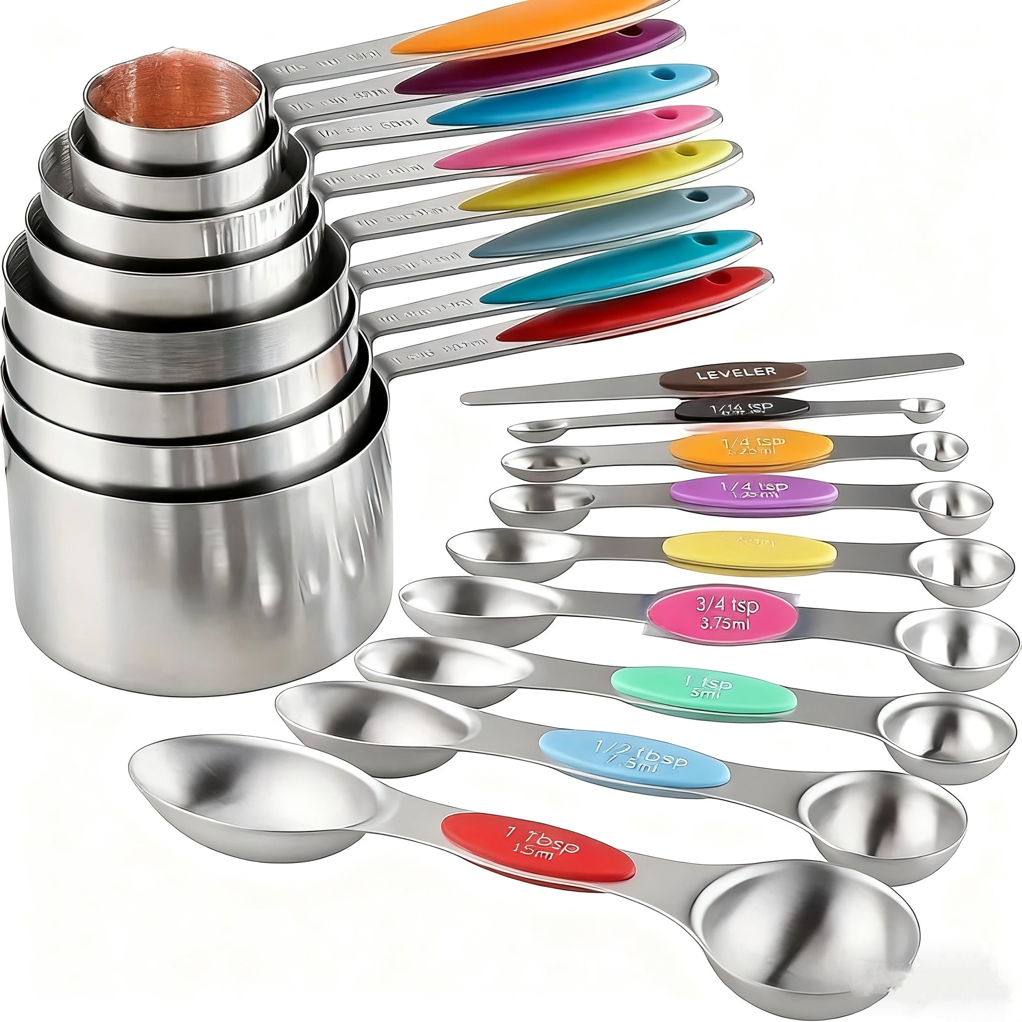 17-Piece Magnetic Stainless Steel Measuring Cups and Spoons Set with Silicone Handles, Kitchen Measuring Tools for Cooking, Baking