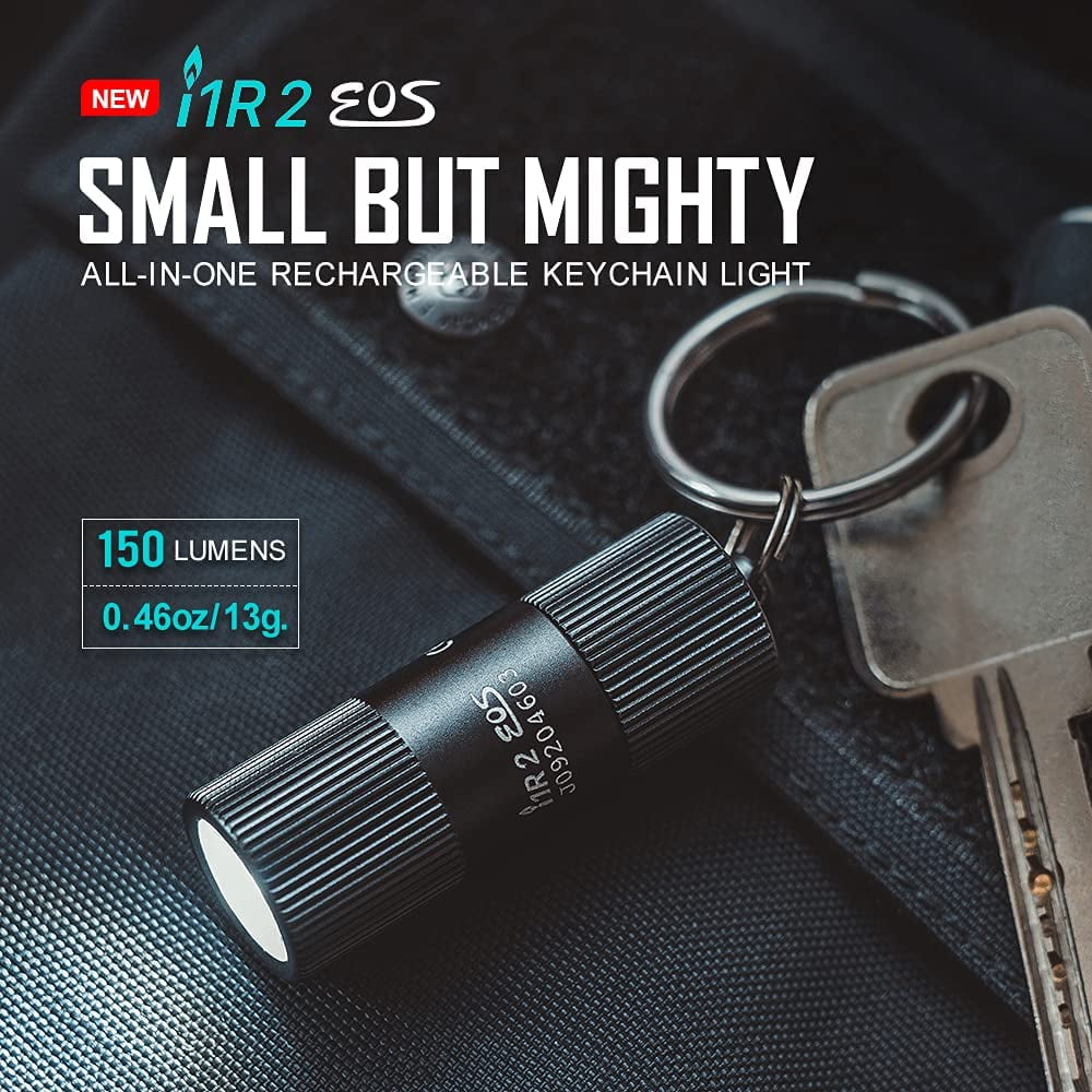 i1R 2 EOS 150 Lumens Tiny Rechargeable Keychain Flashlight EDC Mini LED Keyring Light with Built-in Battery for Camping Hiking Dog Walking etc (Black)