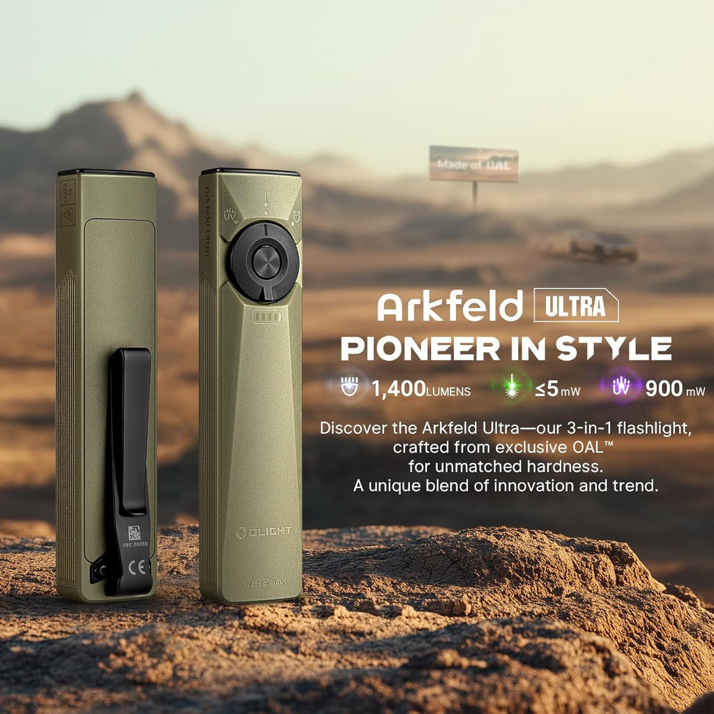 Arkfeld Ultra 1400 Lumens EDC Flat Flashlight, Rechargeable Compact Pocket Flash Light Combines White LED, UV and Green Beam, Triple Sources Perfect for Checking, Working (Olive-Green)
