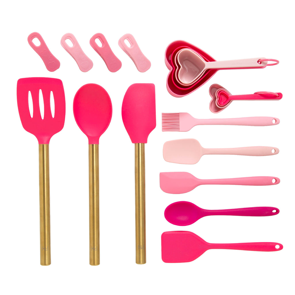 20-Piece Kitchen Gadget Set, Heart-Shaped Measuring Cups &amp; Spoons, Silicone Tools &amp; Bag Clips, , Pink