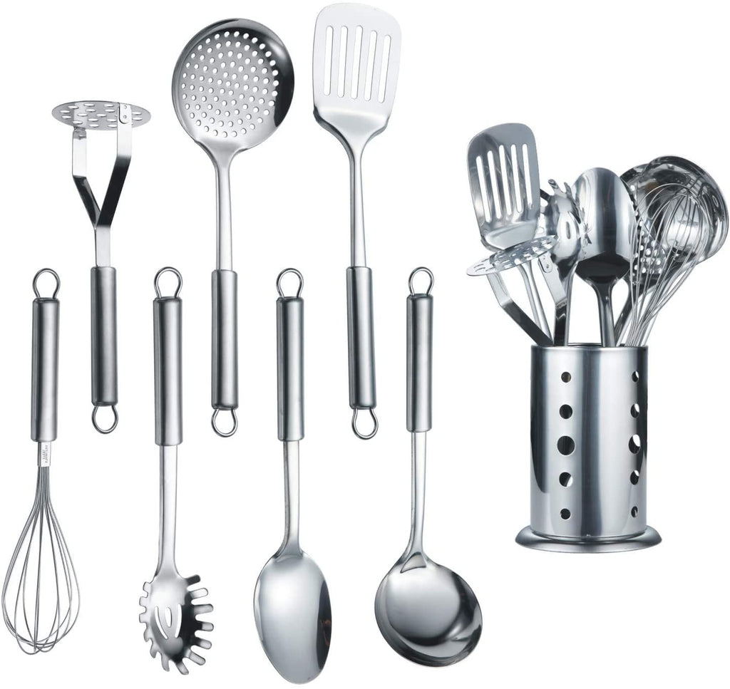Cooking Utensils Set 8 Piece, Stainless Steel Kitchen Utensils Set with Utensil Holder, Kitchen Tool Set and Caddy