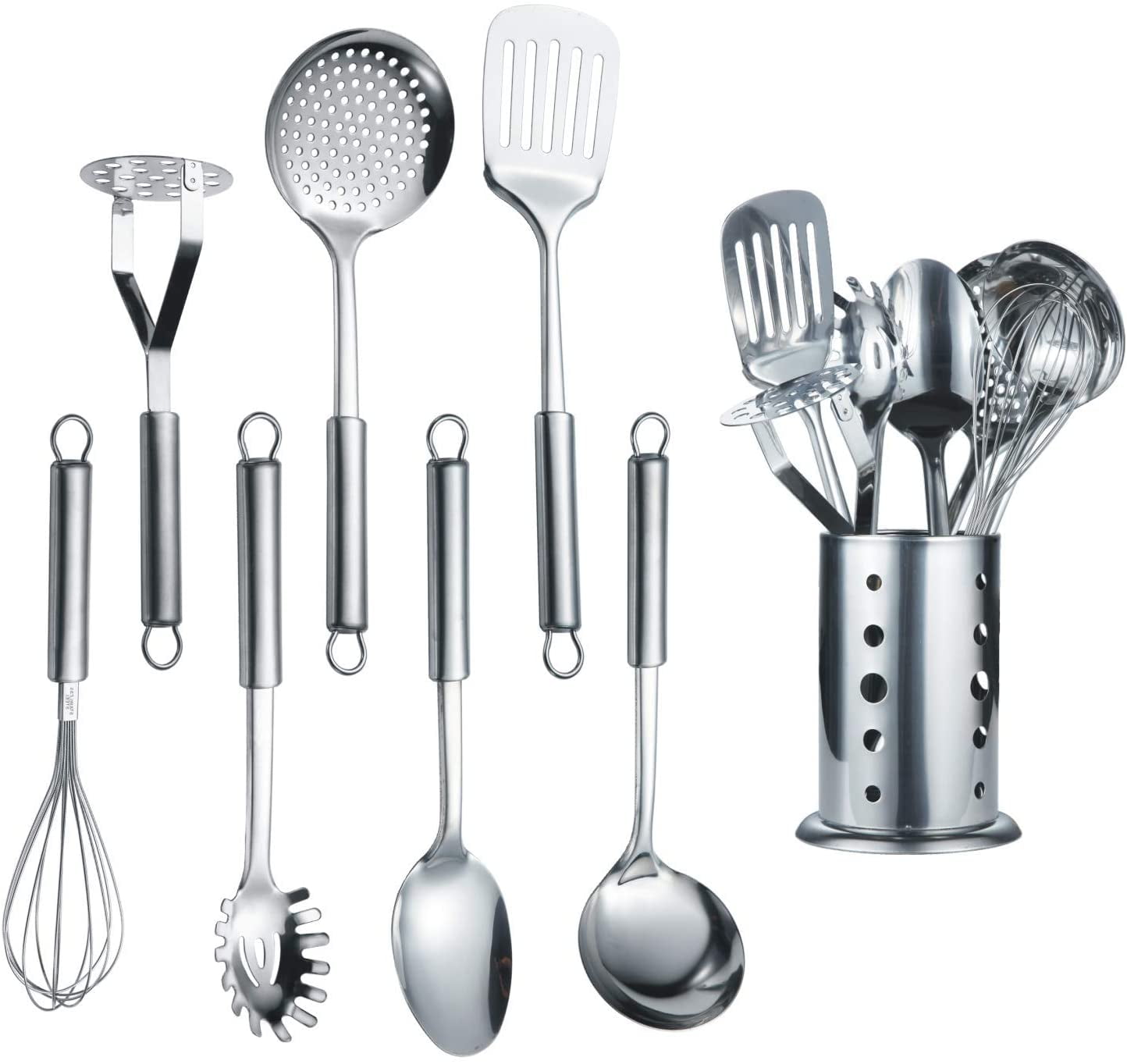 Cooking Utensils Set 8 Piece, Stainless Steel Kitchen Utensils Set with Utensil Holder, Kitchen Tool Set and Caddy