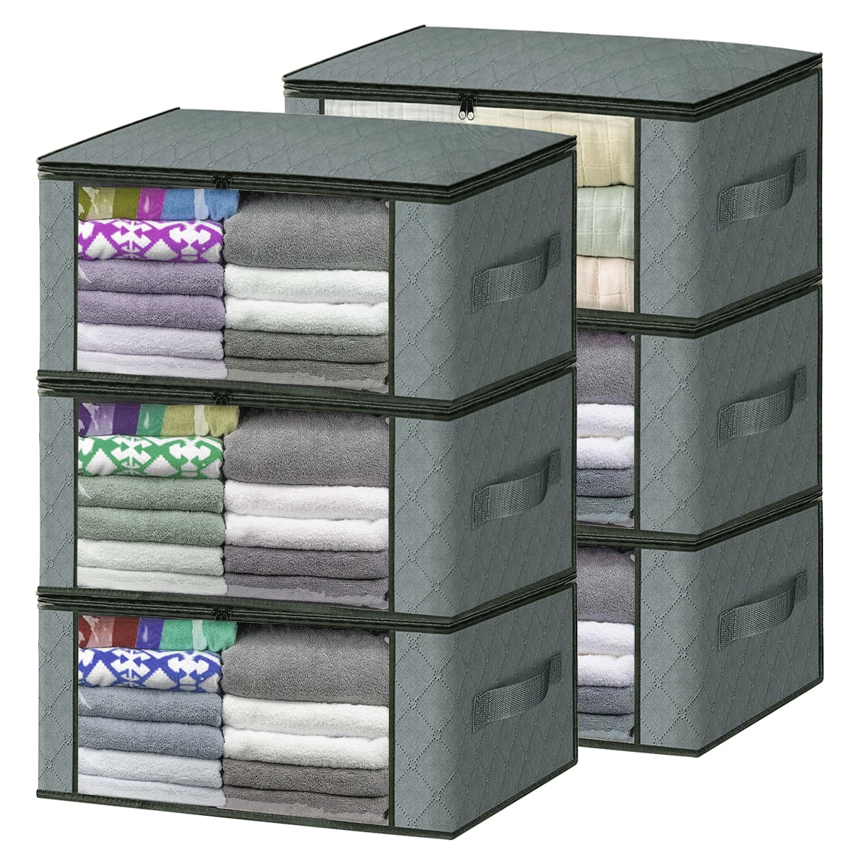 Storage Box, 6 Pack Clothes Organizer with Clear Windows, Sturdy Handles Storage Bag 19.7 x 13.78 x 7.87 inches, Gray