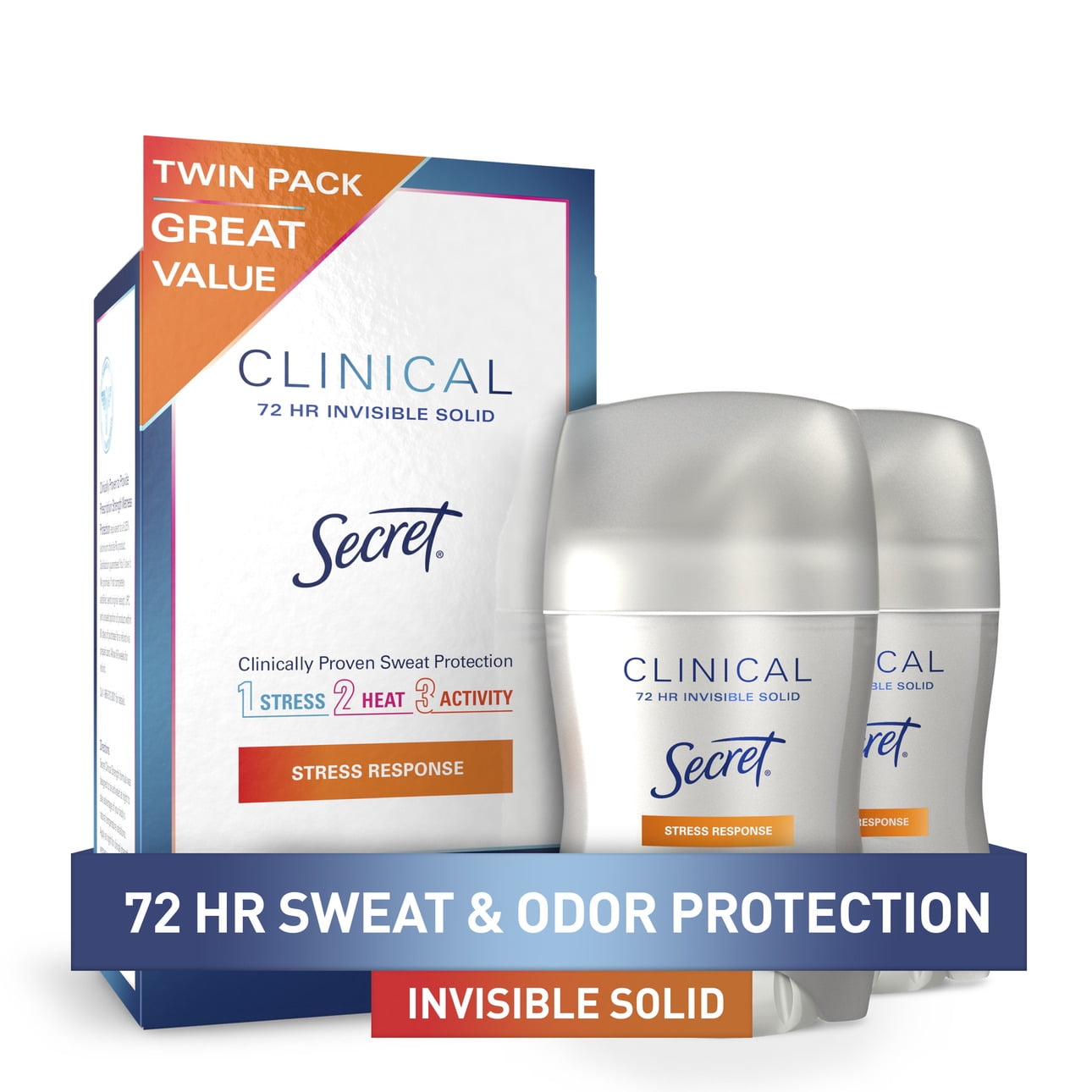 Clinical Invisible Solid Antiperspirant and Deodorant, Stress Response, 1.6 oz (2 Pack)