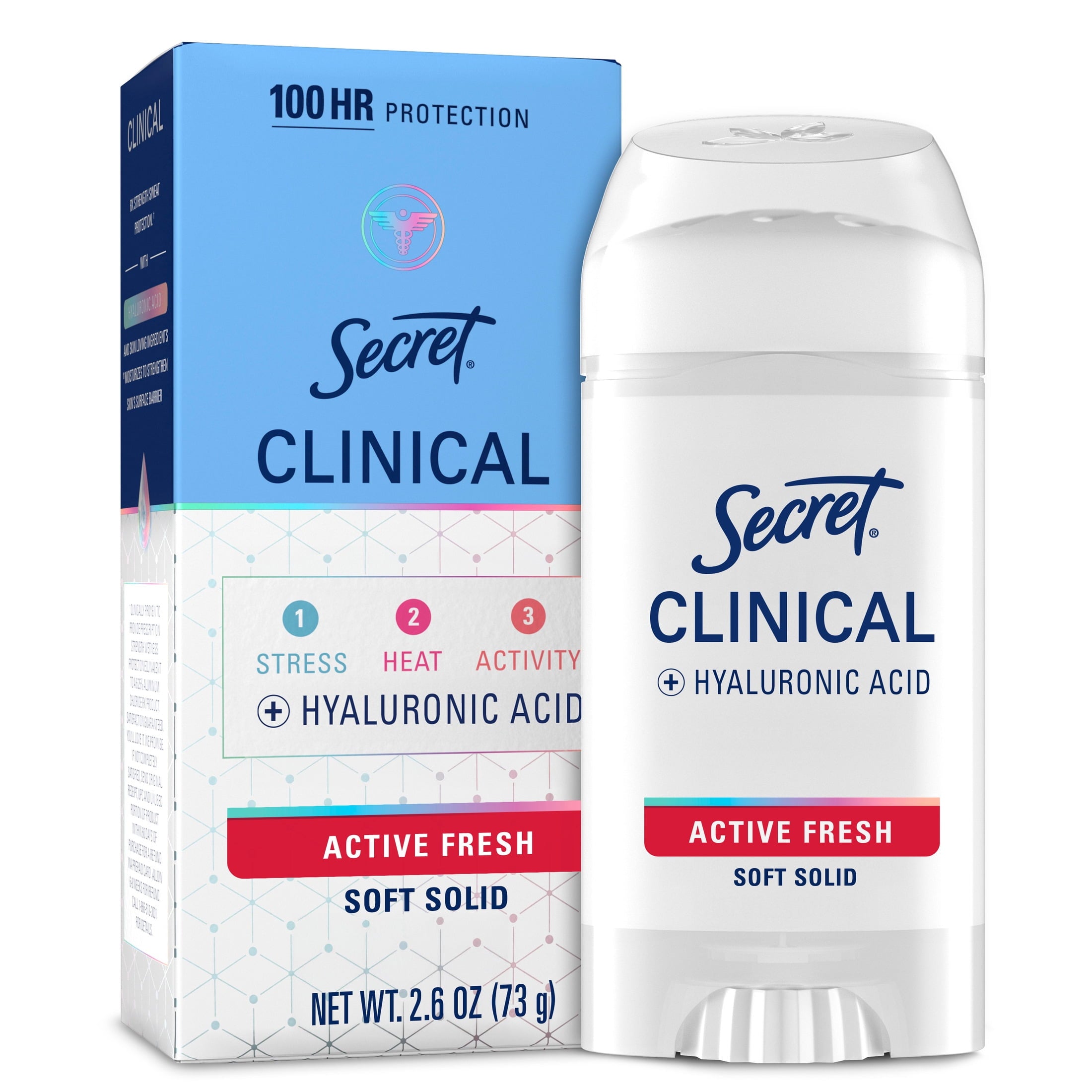 Clinical Antiperspirant Deodorant for Women, 100HR Sweat &amp; Odor Protection, Hyaluronic Acid, Soft Solid, Active Fresh, 2.6 oz