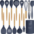 Silicone Cooking Utensils Set - 446°F Silicone Kitchen Utensils for Cooking,Kitchen Utensil Spatula Set w Wooden Handles and Holder, BPA FREE Gadgets for Non-Stick Cookware (Navy Blue)