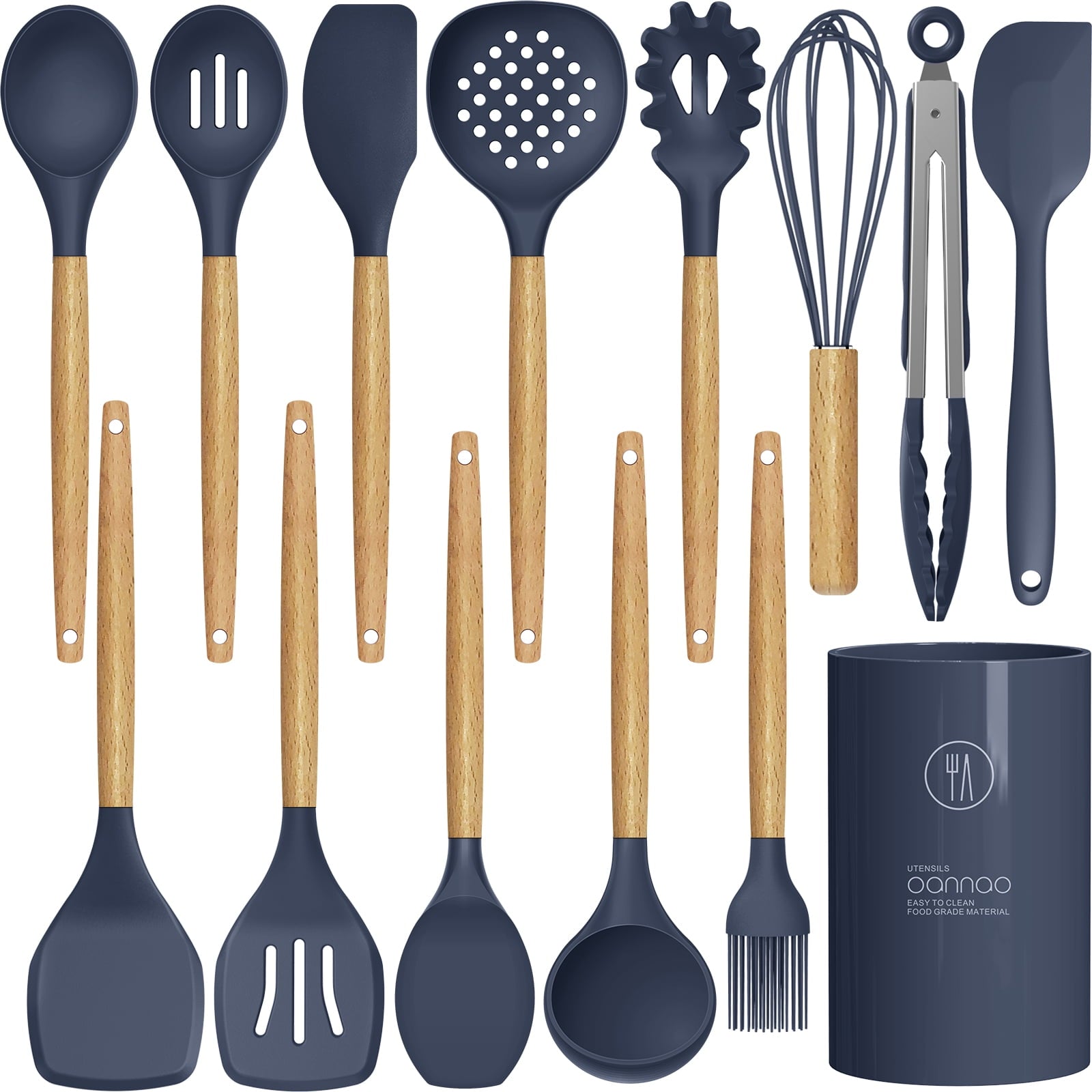 Silicone Cooking Utensils Set - 446°F Silicone Kitchen Utensils for Cooking,Kitchen Utensil Spatula Set w Wooden Handles and Holder, BPA FREE Gadgets for Non-Stick Cookware (Navy Blue)