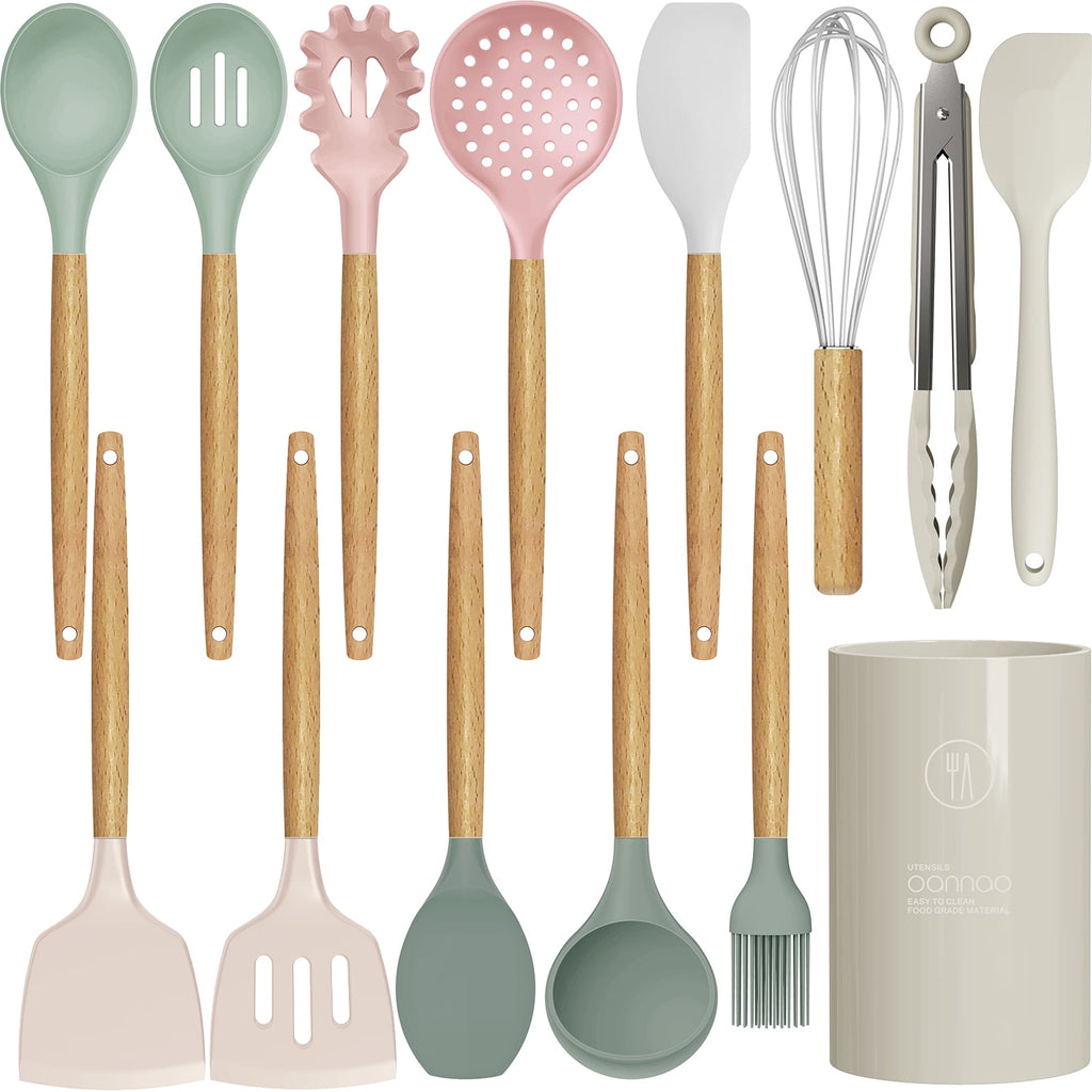 Silicone Cooking Utensils Set - 446°F Silicone Kitchen Utensils for Cooking,Kitchen Utensil Spatula Set w Wooden Handles and Holder, BPA FREE Gadgets for Non-Stick Cookware (Navy Blue)