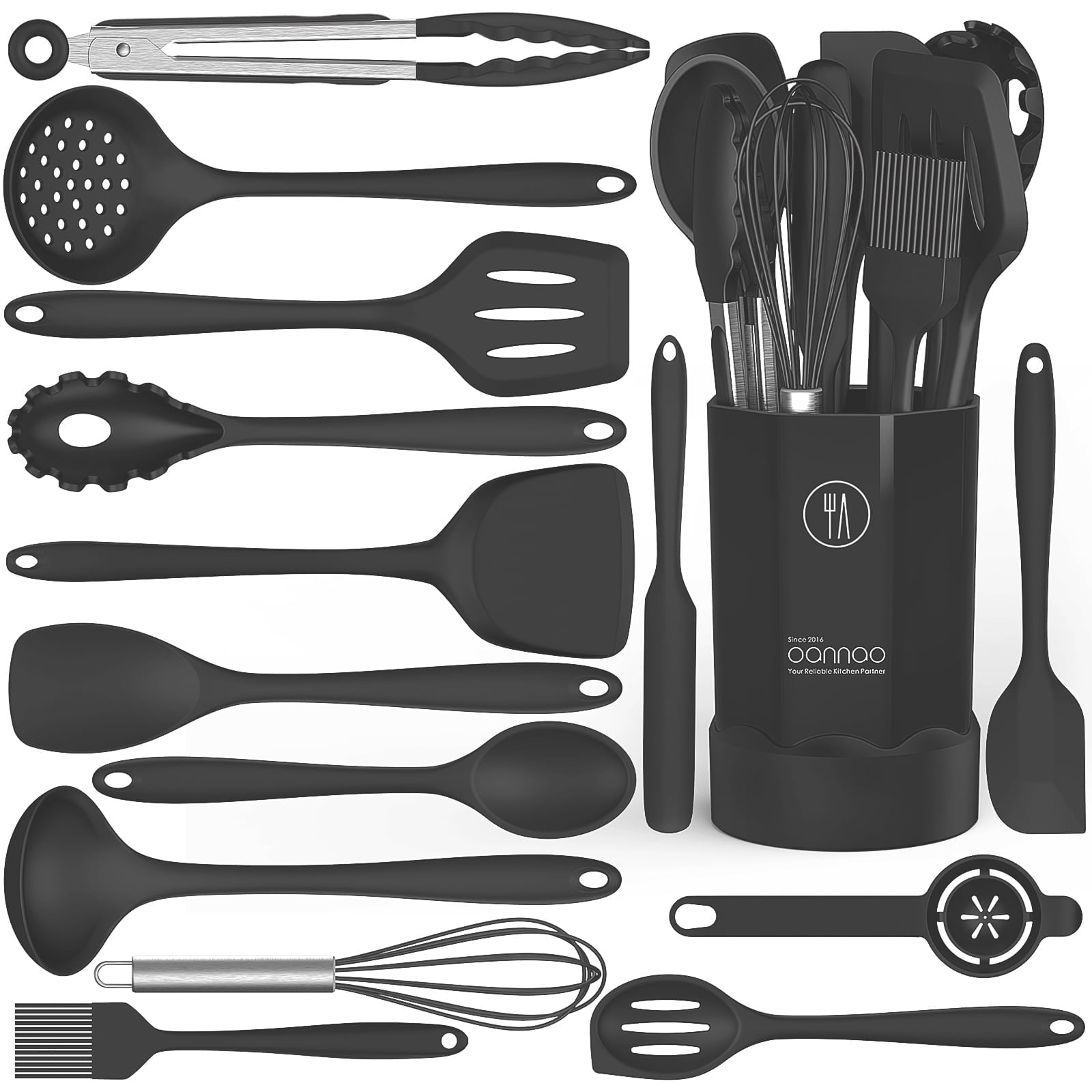 Black Silicone Cooking Utensils Set - 446°F Kitchen Utensils,Turner Tongs,Spatula,Spoon,Brush,Whisk,Kitchen Utensil Gadgets Tools Set for Nonstick Cookware, (BPA Free)