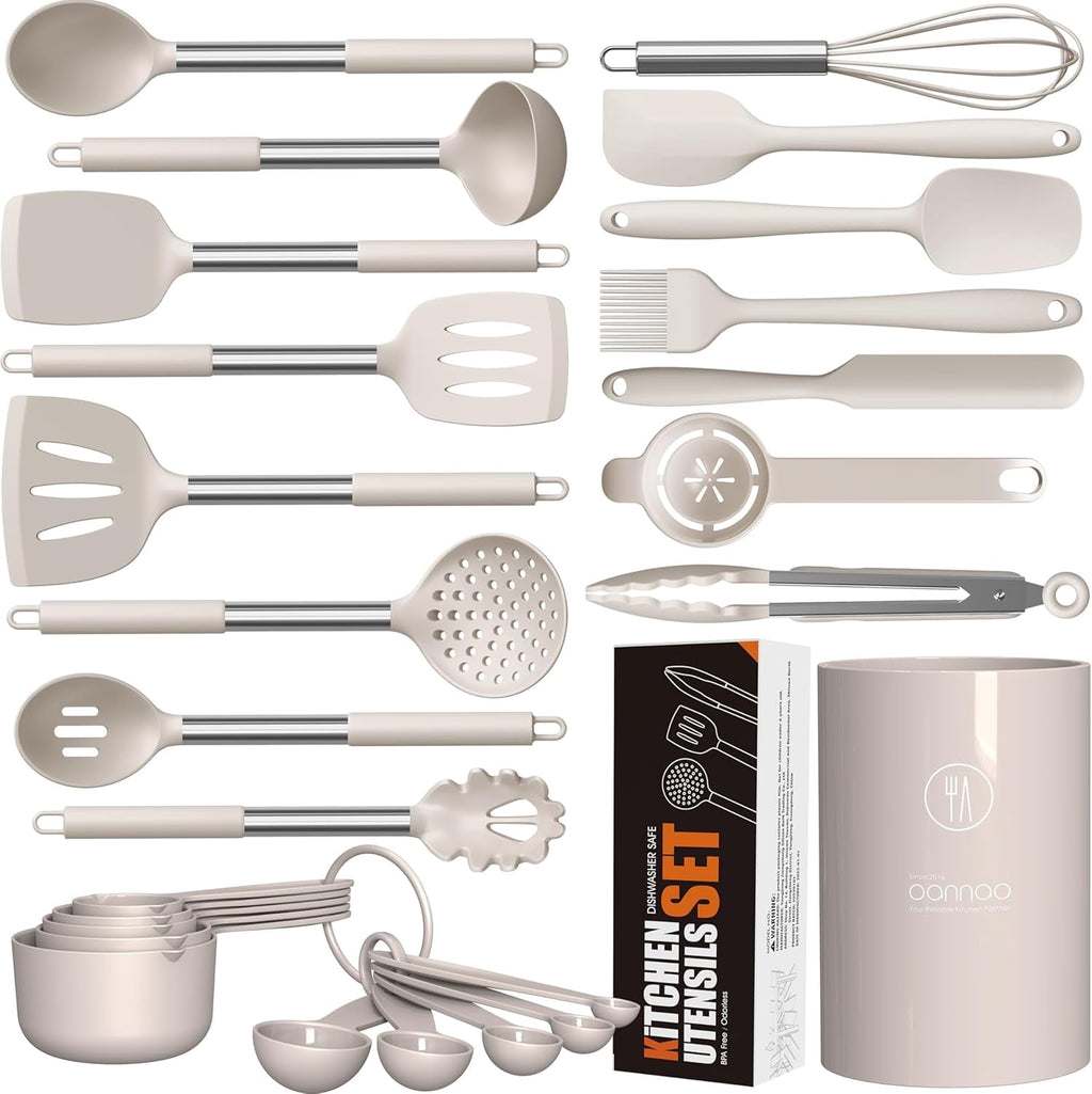 Large Silicone Cooking Utensils Set - Kitchen Utensils,Turner Tongs,Spatula,Spoon,Brush,Whisk,Stainless Steel Silicone Cooking Tool for Nonstick Cookware, (Khaki)