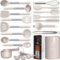 Large Silicone Cooking Utensils Set - Kitchen Utensils,Turner Tongs,Spatula,Spoon,Brush,Whisk,Stainless Steel Silicone Cooking Tool for Nonstick Cookware, (Khaki)