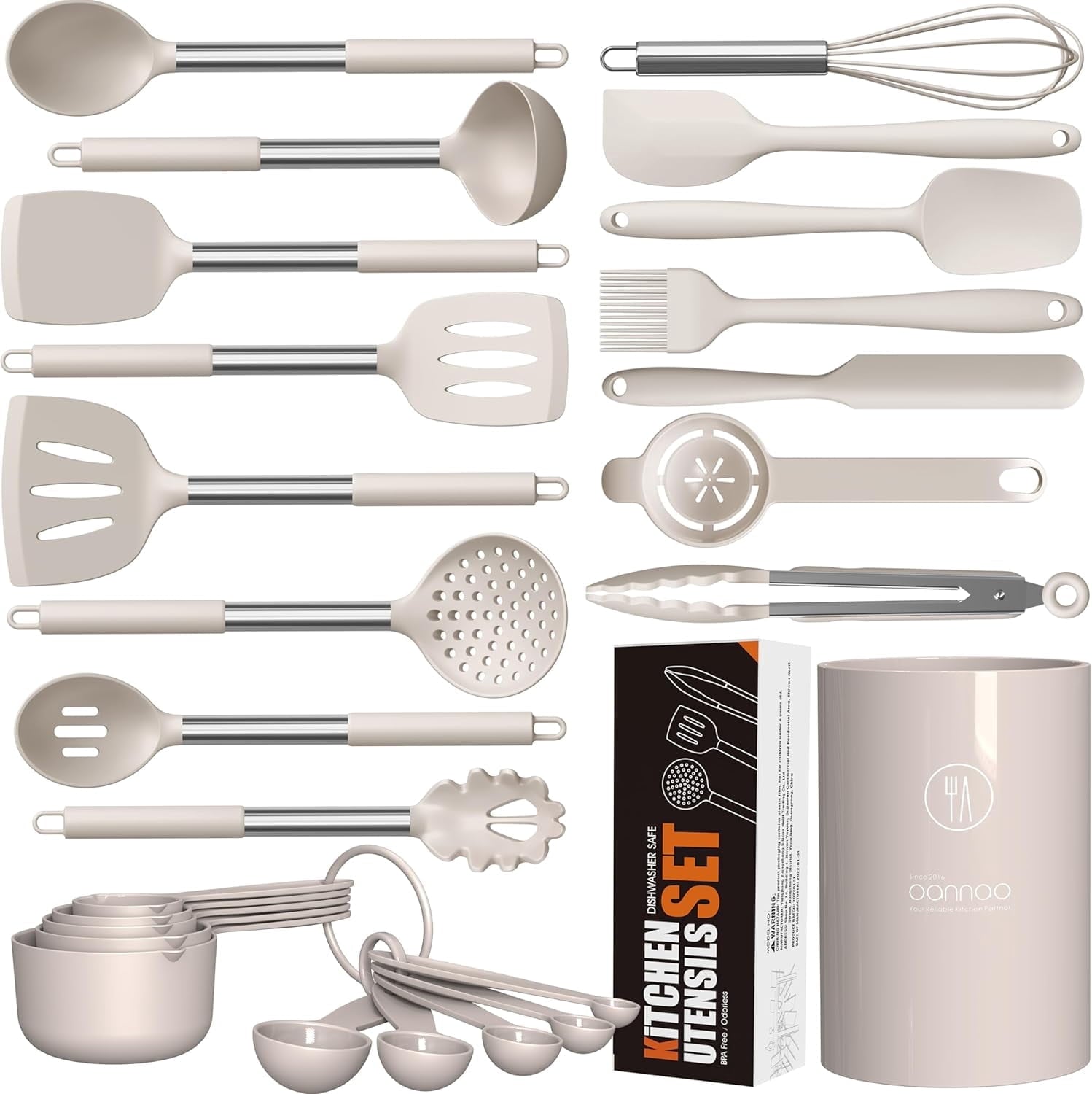 Large Silicone Cooking Utensils Set - Kitchen Utensils,Turner Tongs,Spatula,Spoon,Brush,Whisk,Stainless Steel Silicone Cooking Tool for Nonstick Cookware, (Khaki)