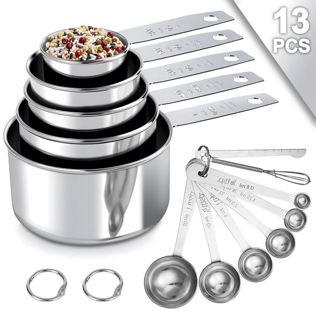 Square 13-Piece Stainless Steel Measuring Cups and Spoons Set, 5 Stainless Steel Measuring Cups,6 Stainless Steel Measuring Spoons &amp;1 Measuring Stick Leveler &amp;1 Mini Egg Whisk, kitchen tools for Cook