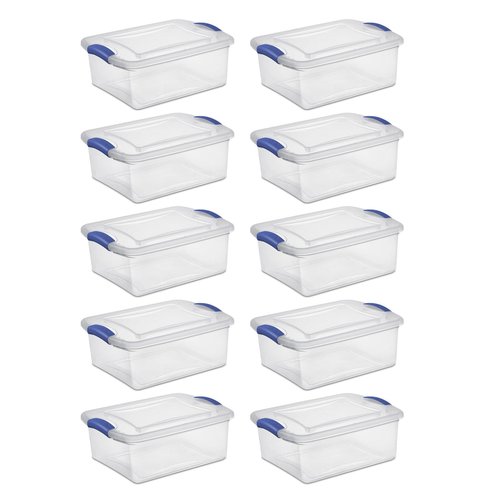 15 Quart Small Latching Storage Bin, Clear Plastic Storage Container with Latch Lid, Blue