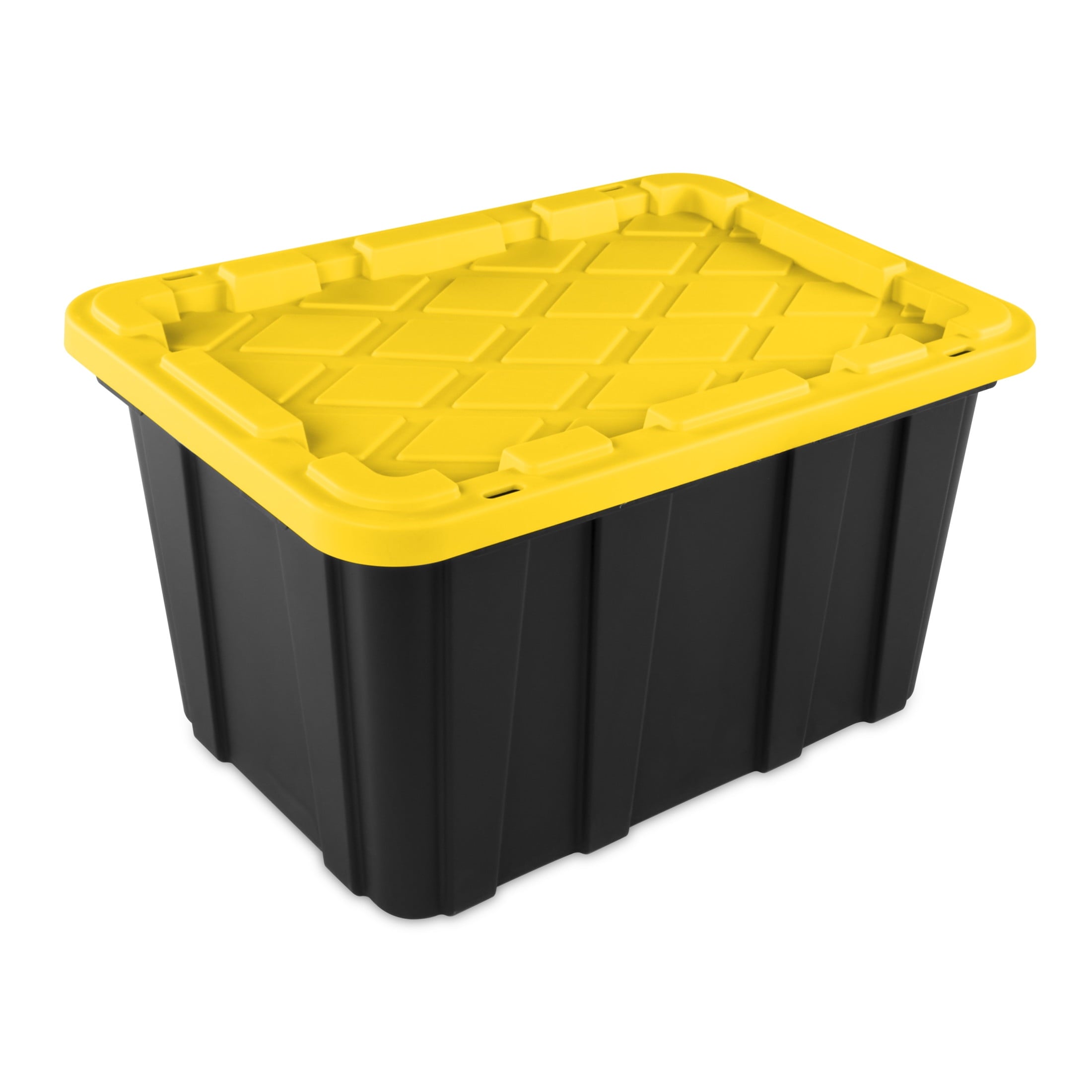 Large Storage Bin, 27 Gallon Plastic Storage Tote with Snap-On Lid, Black and Yellow, 6 Pack