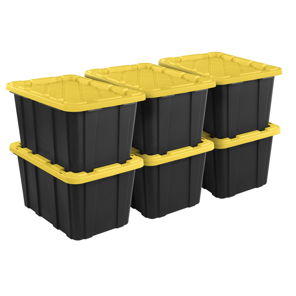 Large Storage Bin, 27 Gallon Plastic Storage Tote with Snap-On Lid, Black and Yellow, 6 Pack
