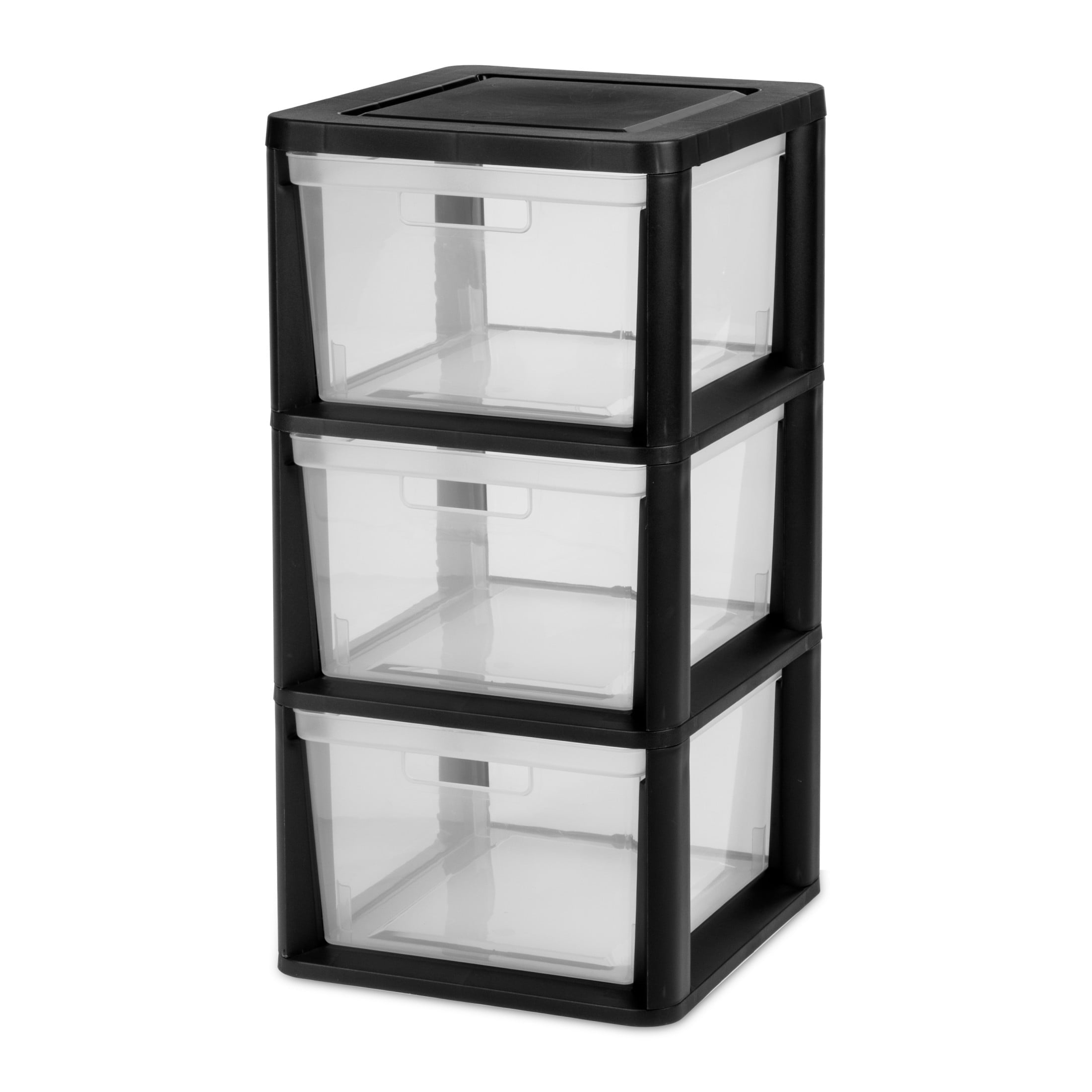 Medium 3 Drawer Tower, with Removable Clear Plastic Storage Bins, Tool-Free, Black