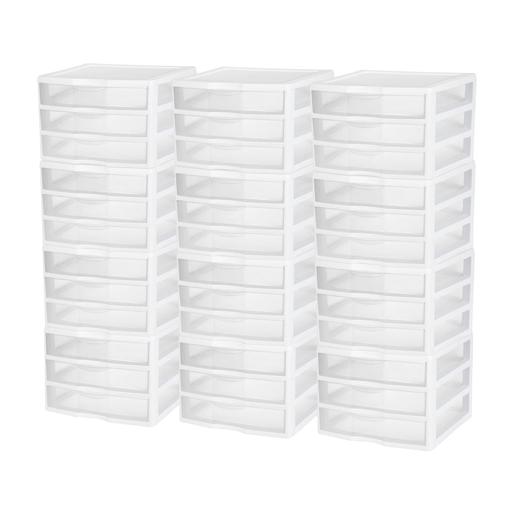 Wide 3 Drawer Unit, Clear Plastic Countertop or Desktop Drawers, White
