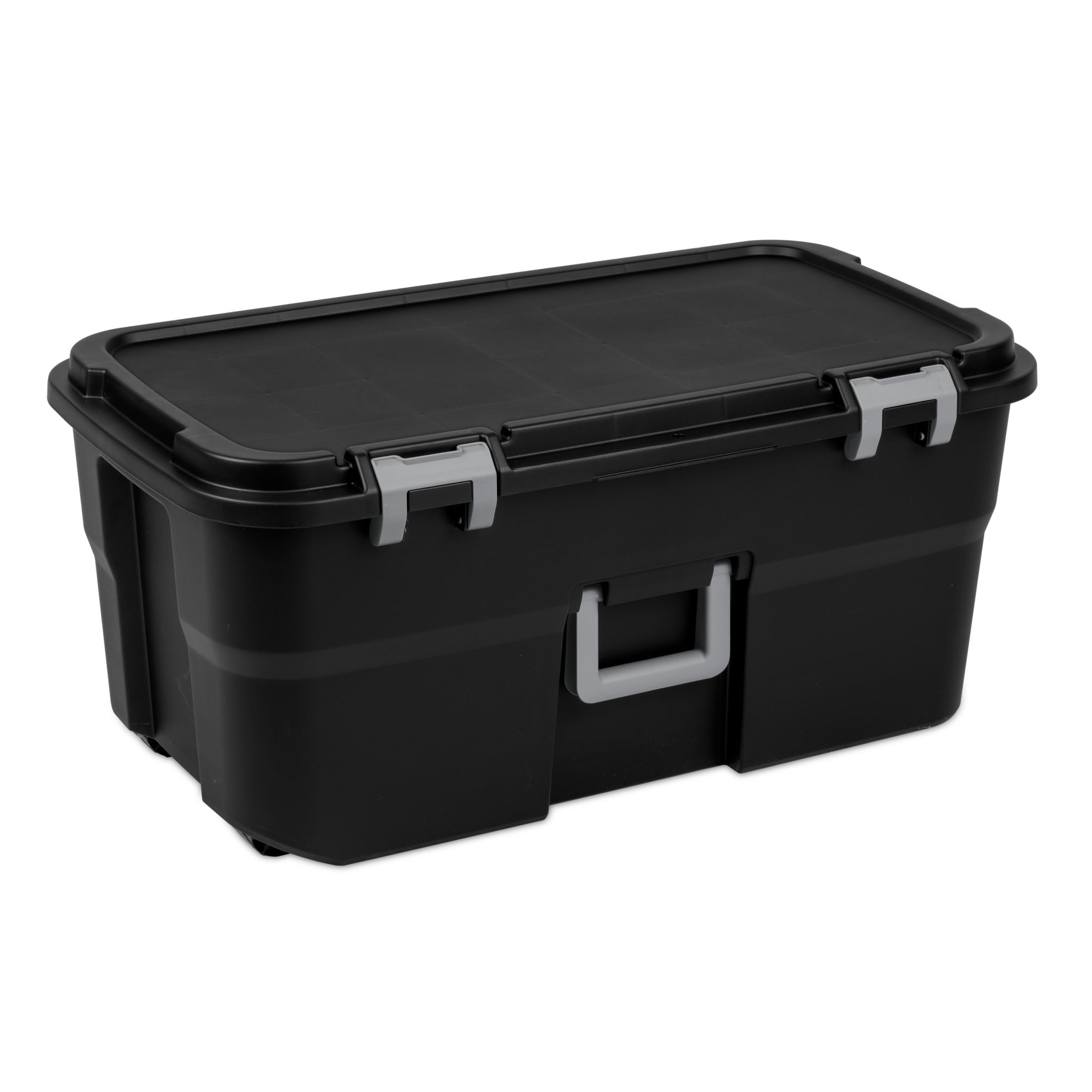 22 Gallon Large Wheeled Footlocker, Heavy Duty Plastic Storage Trunk Container, Lockable with Wheels and Handle, Black