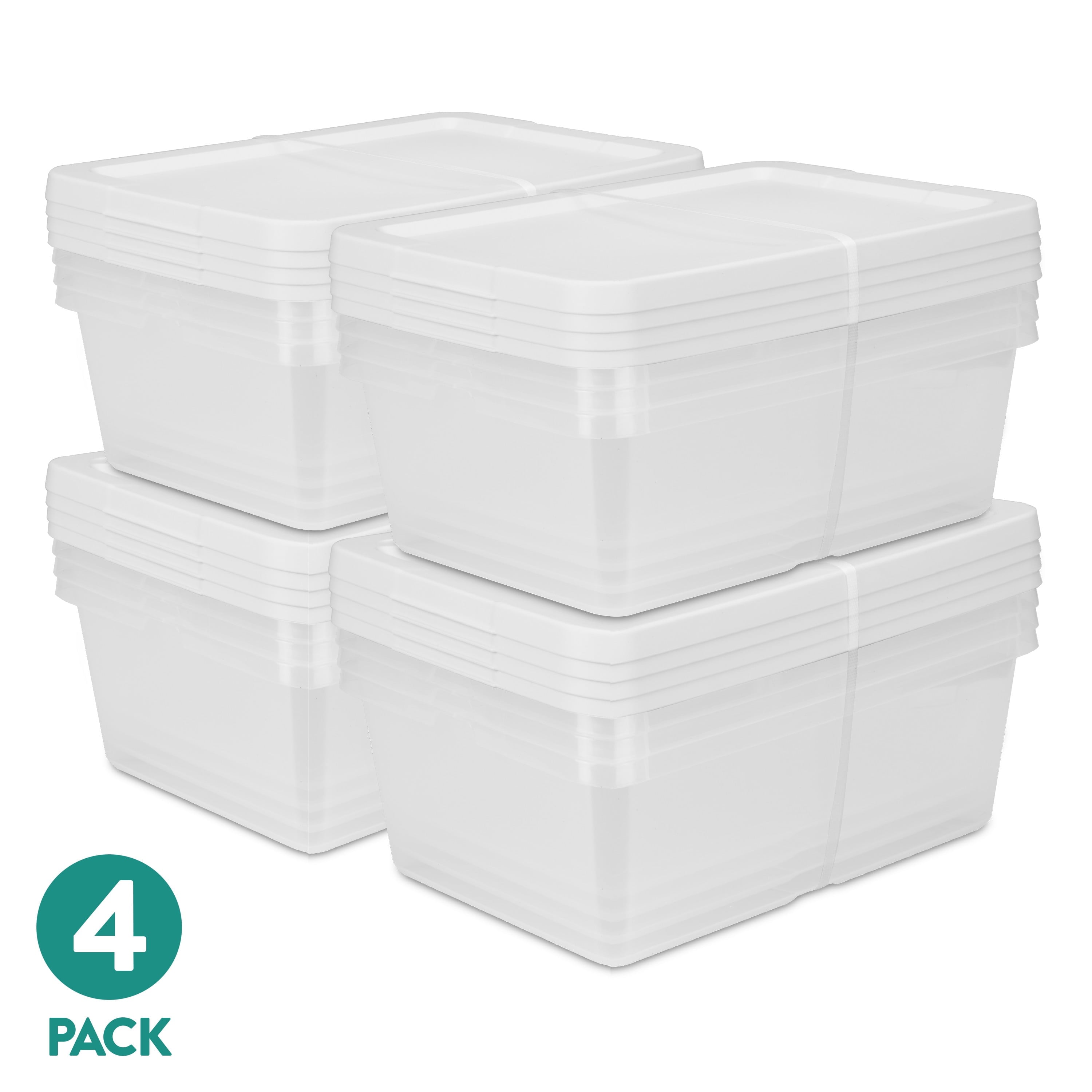 Set of (4) 12 Quart Storage Boxes, Clear Plastic Storage Bins with Snap-on Lid, White, 4 Pack